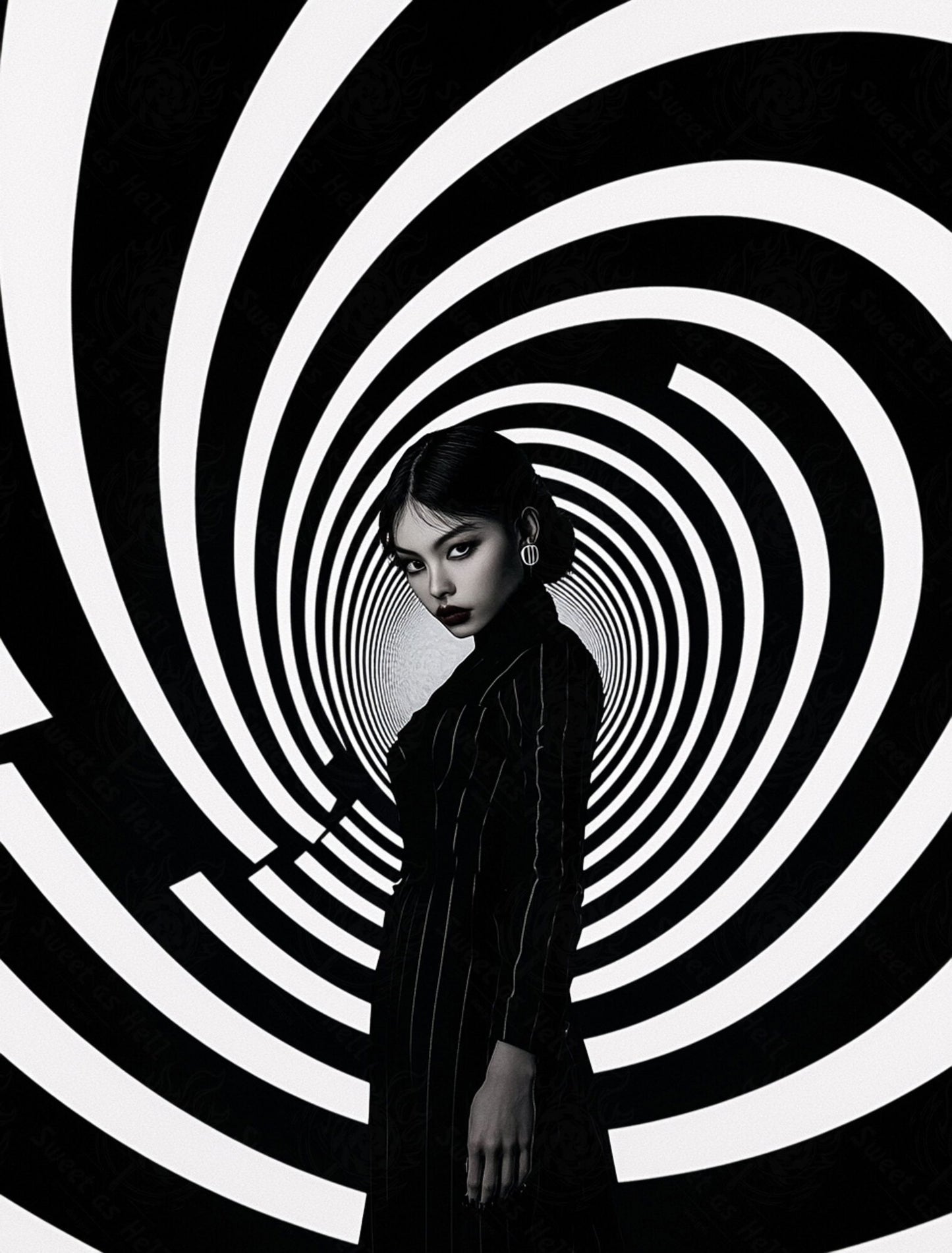 Black And White Fashion Photo of a Woman In The Center of a Optical Illusion That Creates Visual Depth and Movement 03 by 04 035 SN2471 - Sweet As Hell Designs