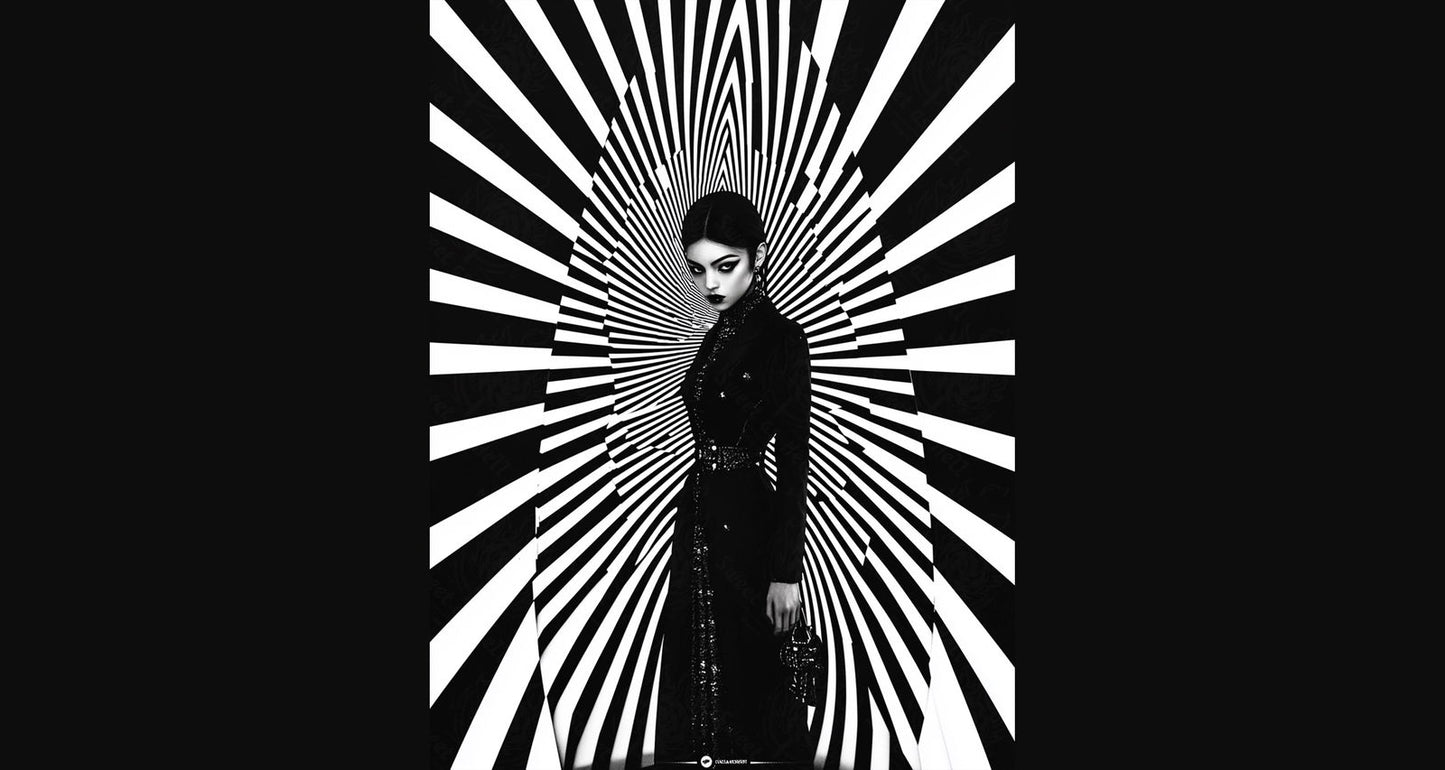 Black And White Fashion Photo of a Woman In The Center of a Optical Illusion That Creates Visual Depth and Movement 03 by 04 036 SN2472 - Sweet As Hell Designs