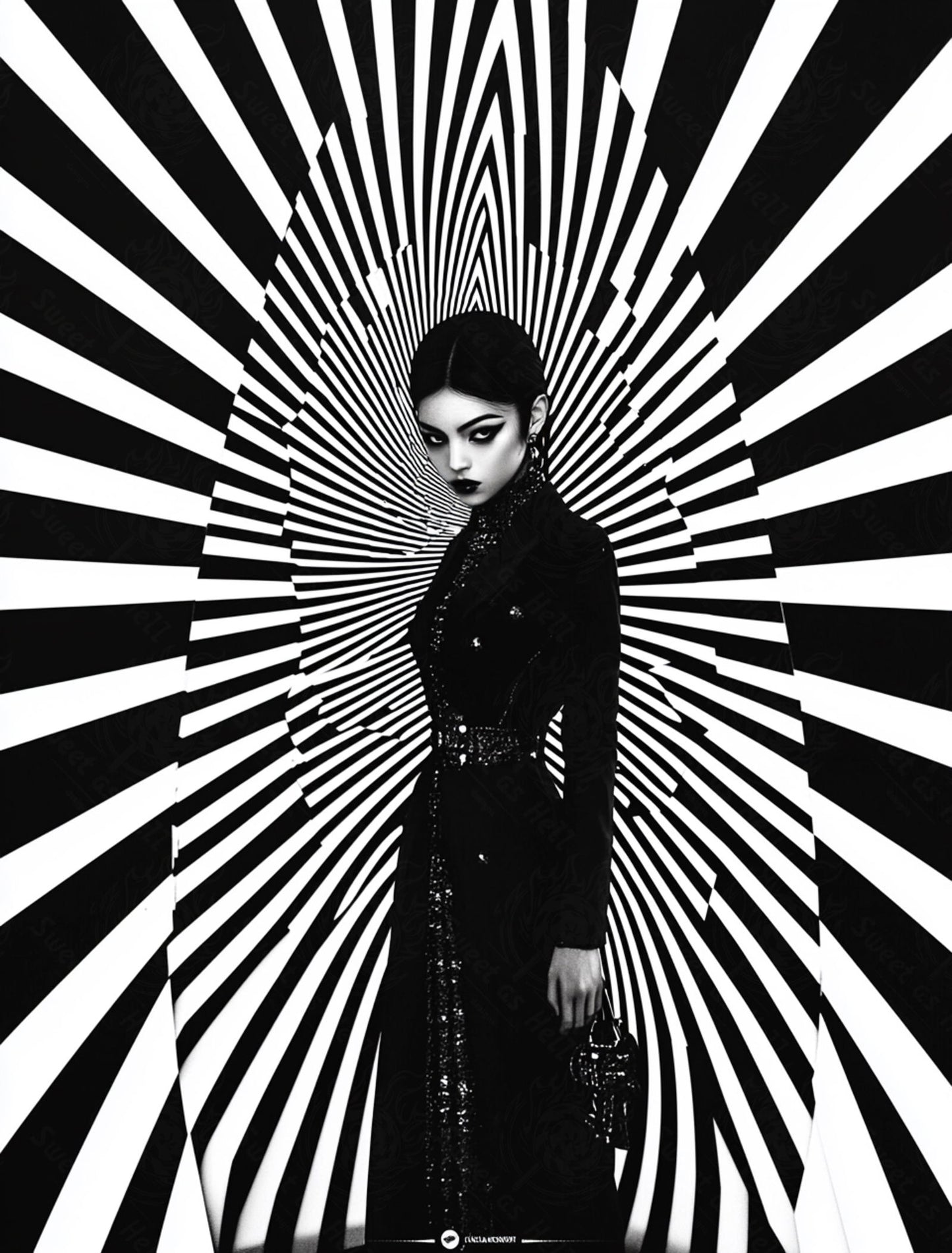 Black And White Fashion Photo of a Woman In The Center of a Optical Illusion That Creates Visual Depth and Movement 03 by 04 036 SN2472 - Sweet As Hell Designs
