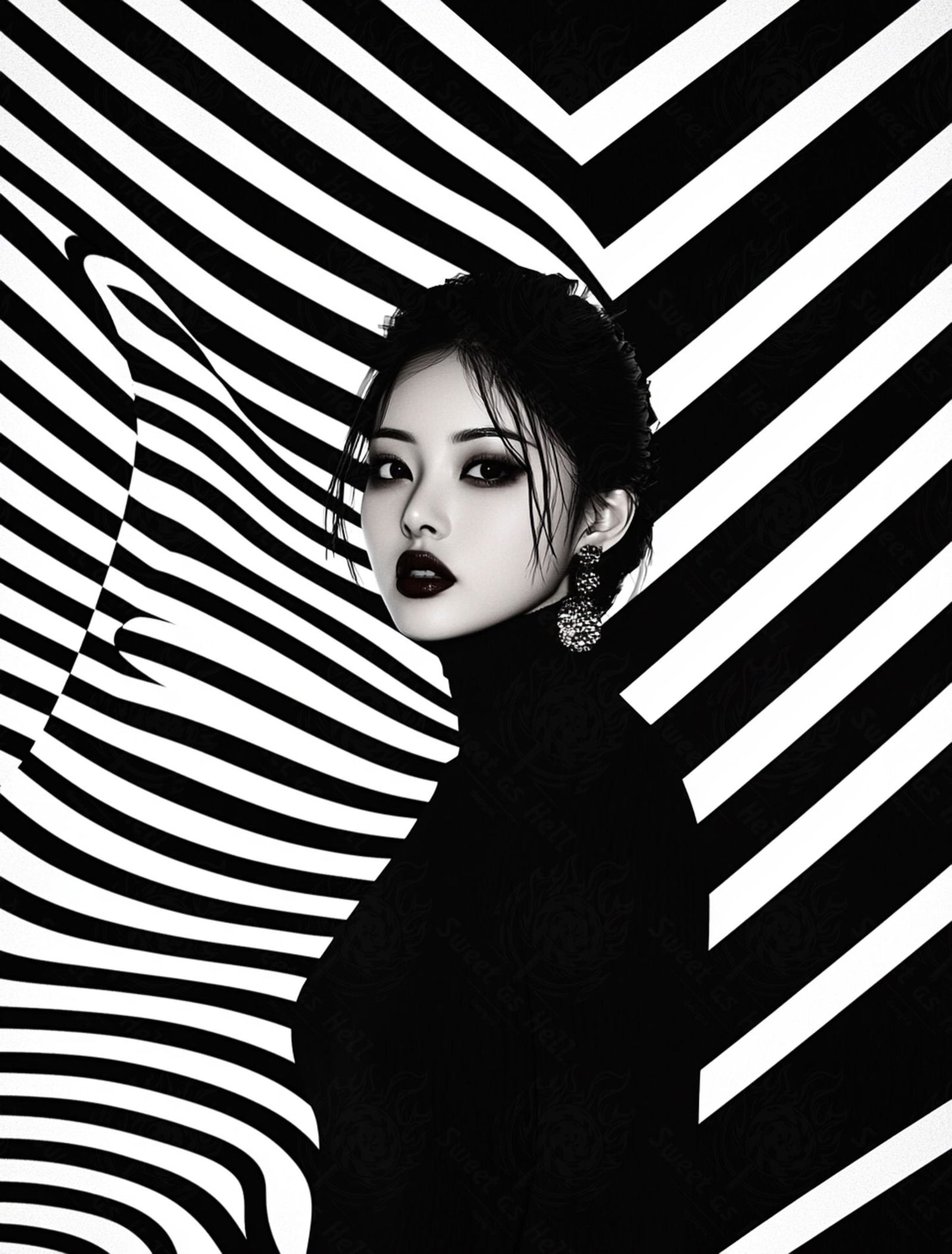 Black And White Fashion Photo of a Woman In The Center of a Optical Illusion That Creates Visual Depth and Movement 03 by 04 037 SN2473 - Sweet As Hell Designs