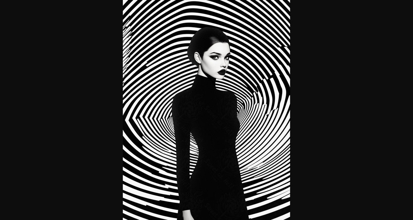 Black And White Fashion Photo of a Woman In The Center of a Optical Illusion That Creates Visual Depth and Movement 03 by 04 038 SN2474 - Sweet As Hell Designs