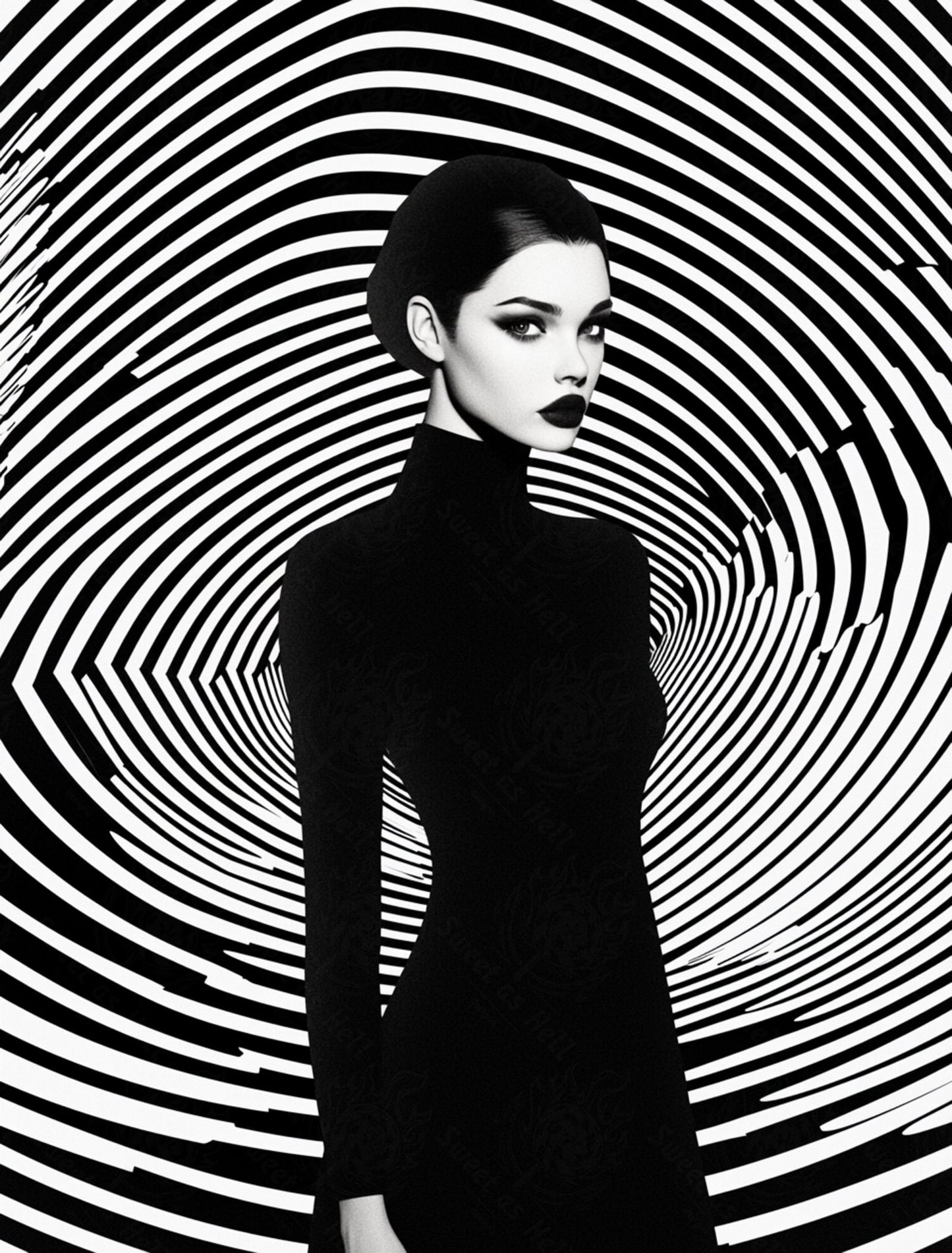 Black And White Fashion Photo of a Woman In The Center of a Optical Illusion That Creates Visual Depth and Movement 03 by 04 038 SN2474 - Sweet As Hell Designs