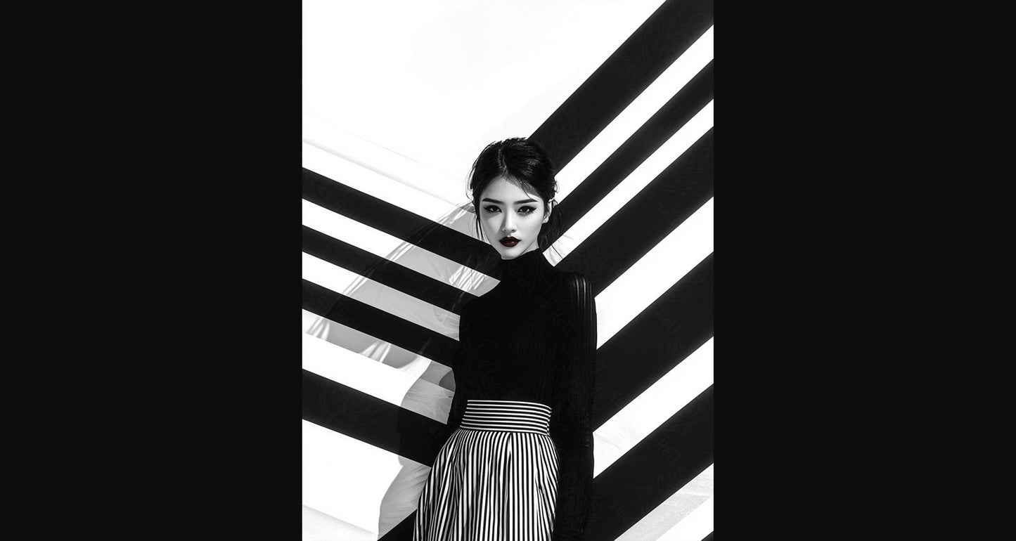 Black And White Fashion Photo of a Woman In The Center of a Optical Illusion That Creates Visual Depth and Movement 03 by 04 039 SN2475 - Sweet As Hell Designs