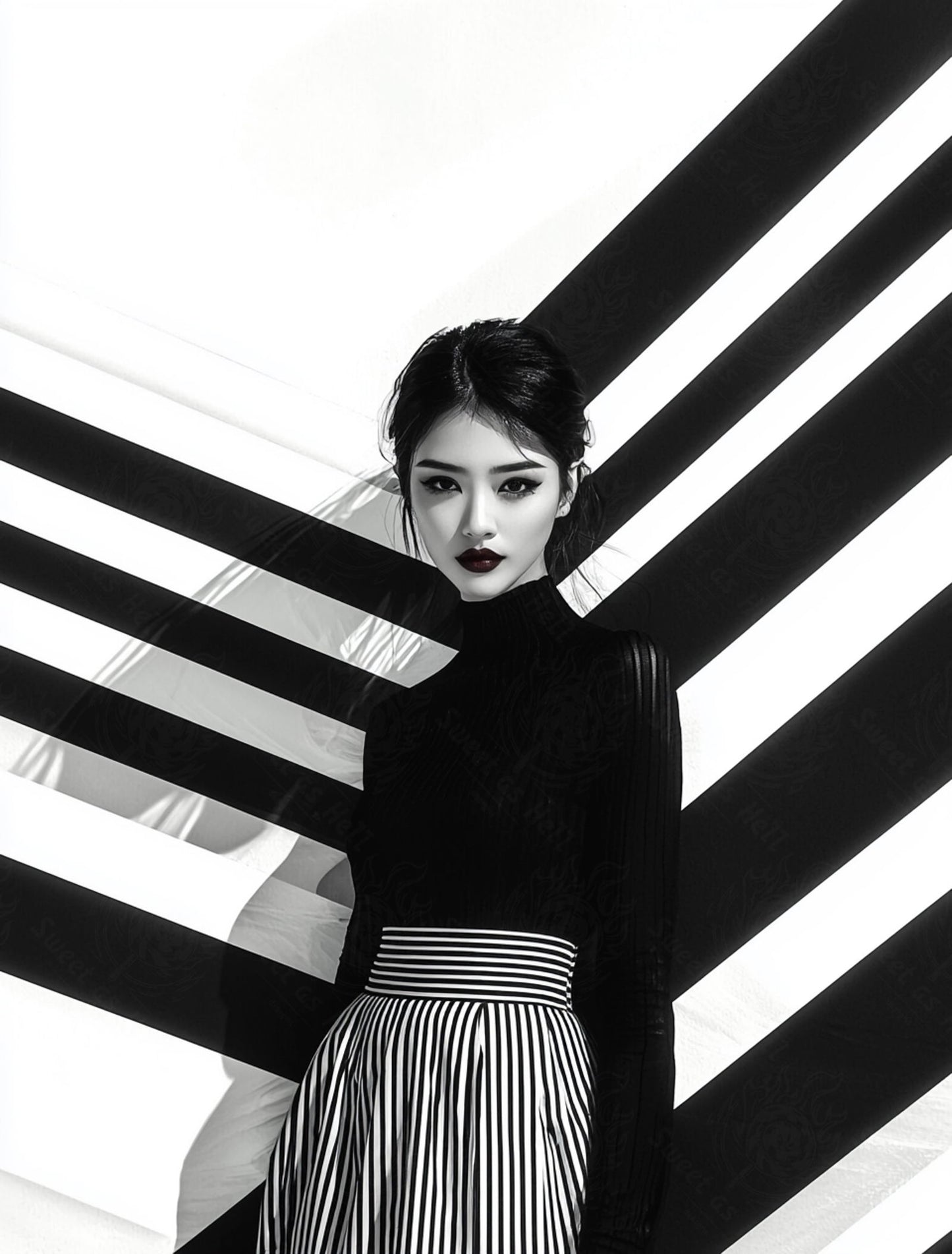 Black And White Fashion Photo of a Woman In The Center of a Optical Illusion That Creates Visual Depth and Movement 03 by 04 039 SN2475 - Sweet As Hell Designs