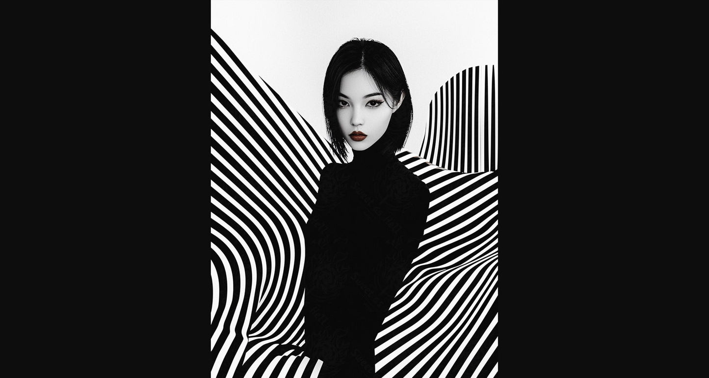 Black And White Fashion Photo of a Woman In The Center of a Optical Illusion That Creates Visual Depth and Movement 03 by 04 041 SN2477 - Sweet As Hell Designs