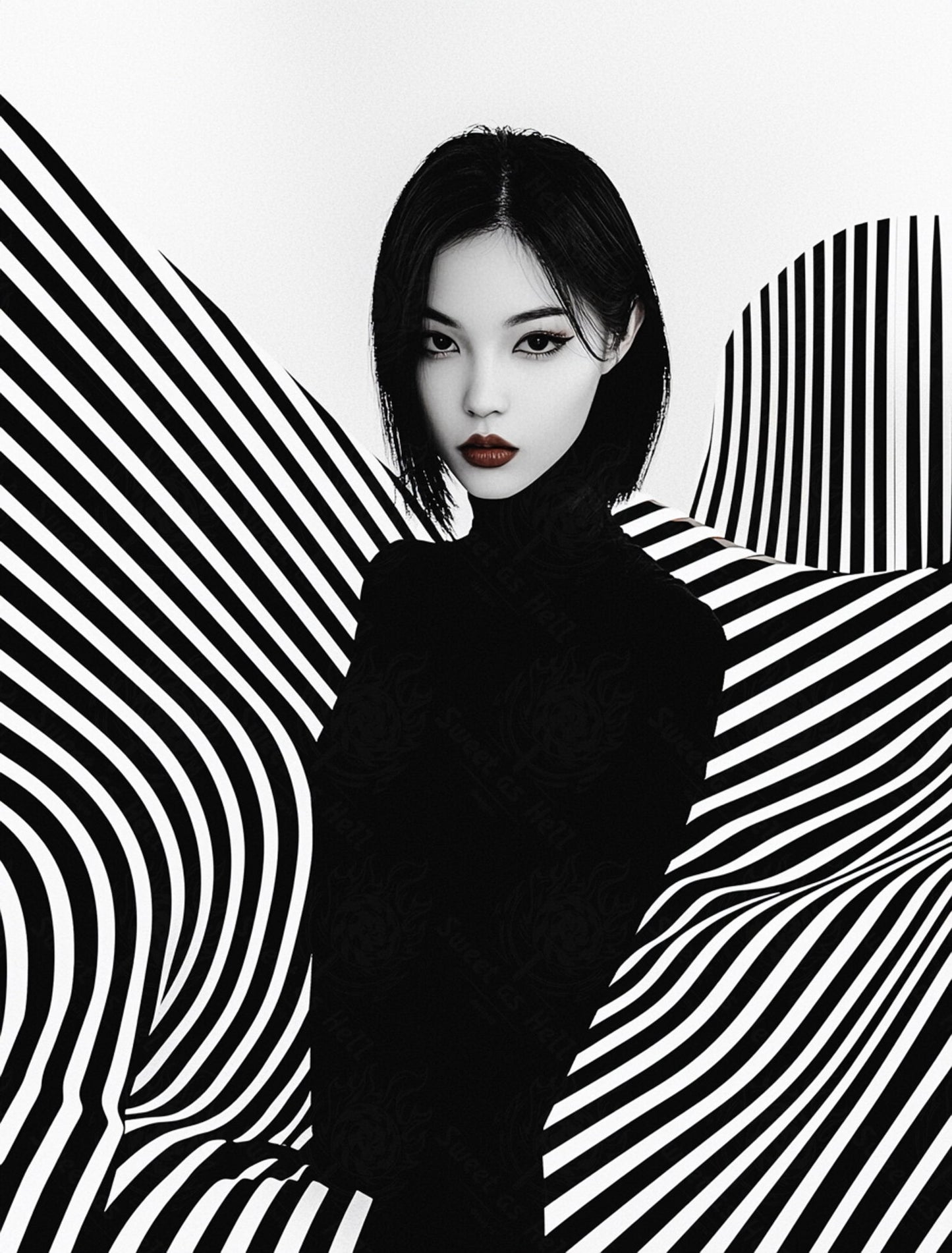 Black And White Fashion Photo of a Woman In The Center of a Optical Illusion That Creates Visual Depth and Movement 03 by 04 041 SN2477 - Sweet As Hell Designs
