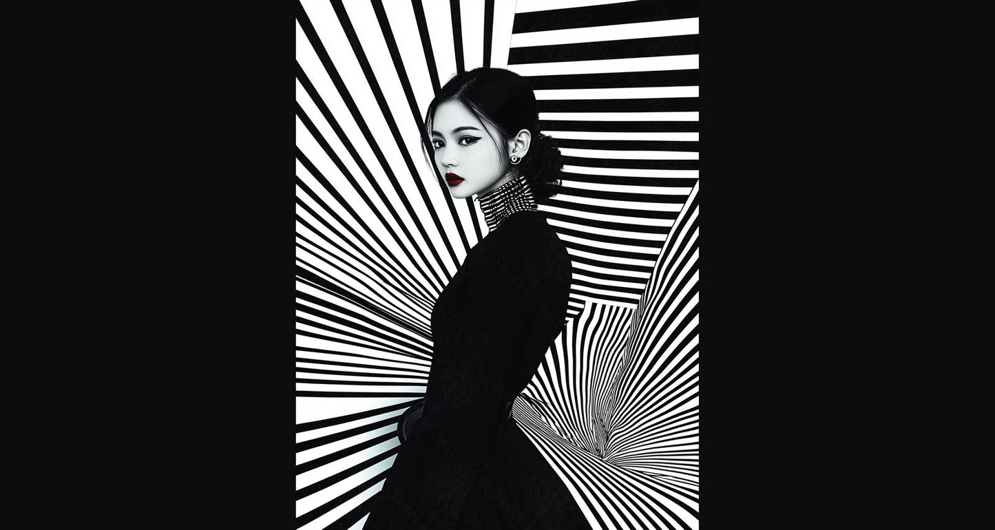 Black And White Fashion Photo of a Woman In The Center of a Optical Illusion That Creates Visual Depth and Movement 03 by 04 042 SN2478 - Sweet As Hell Designs