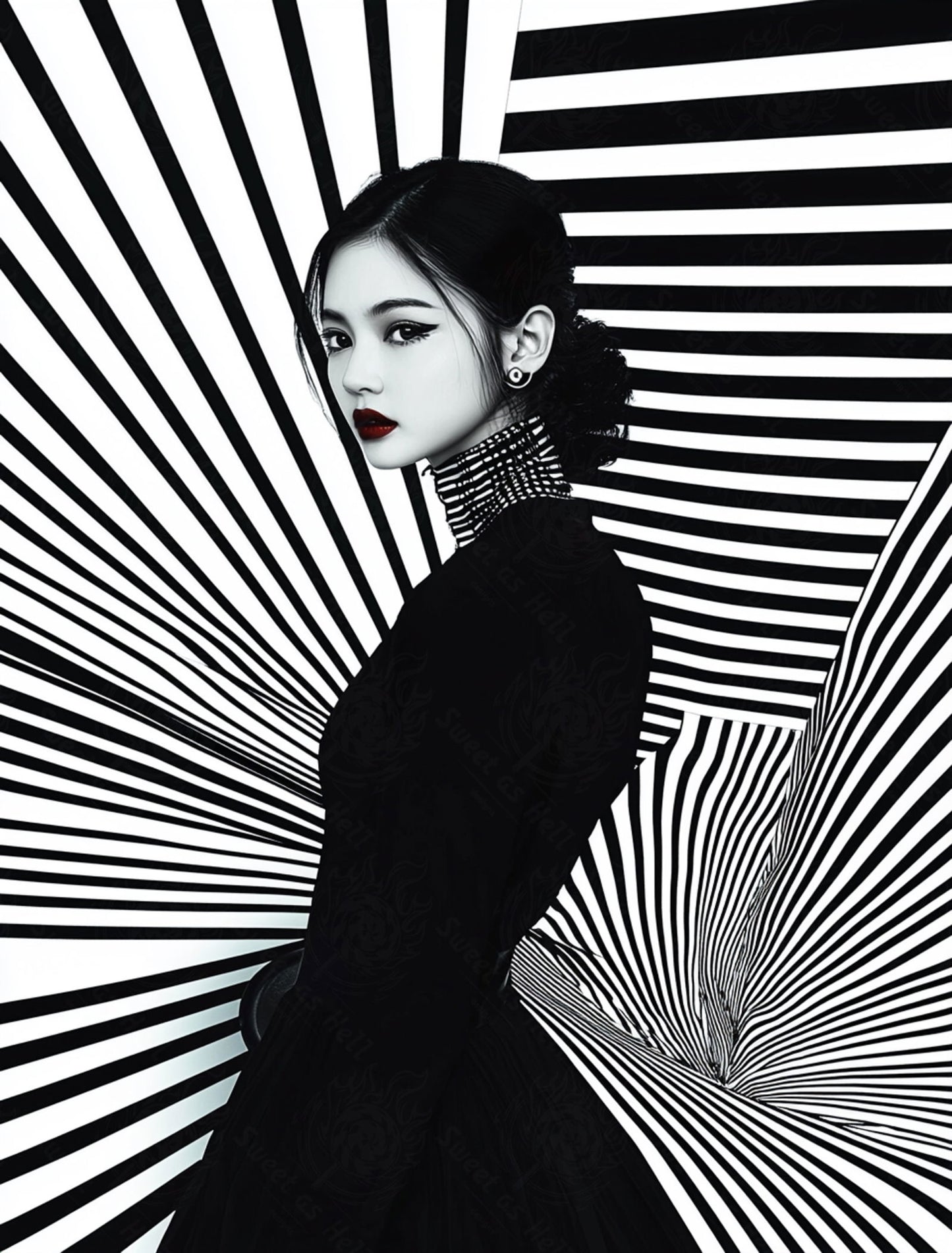 Black And White Fashion Photo of a Woman In The Center of a Optical Illusion That Creates Visual Depth and Movement 03 by 04 042 SN2478 - Sweet As Hell Designs