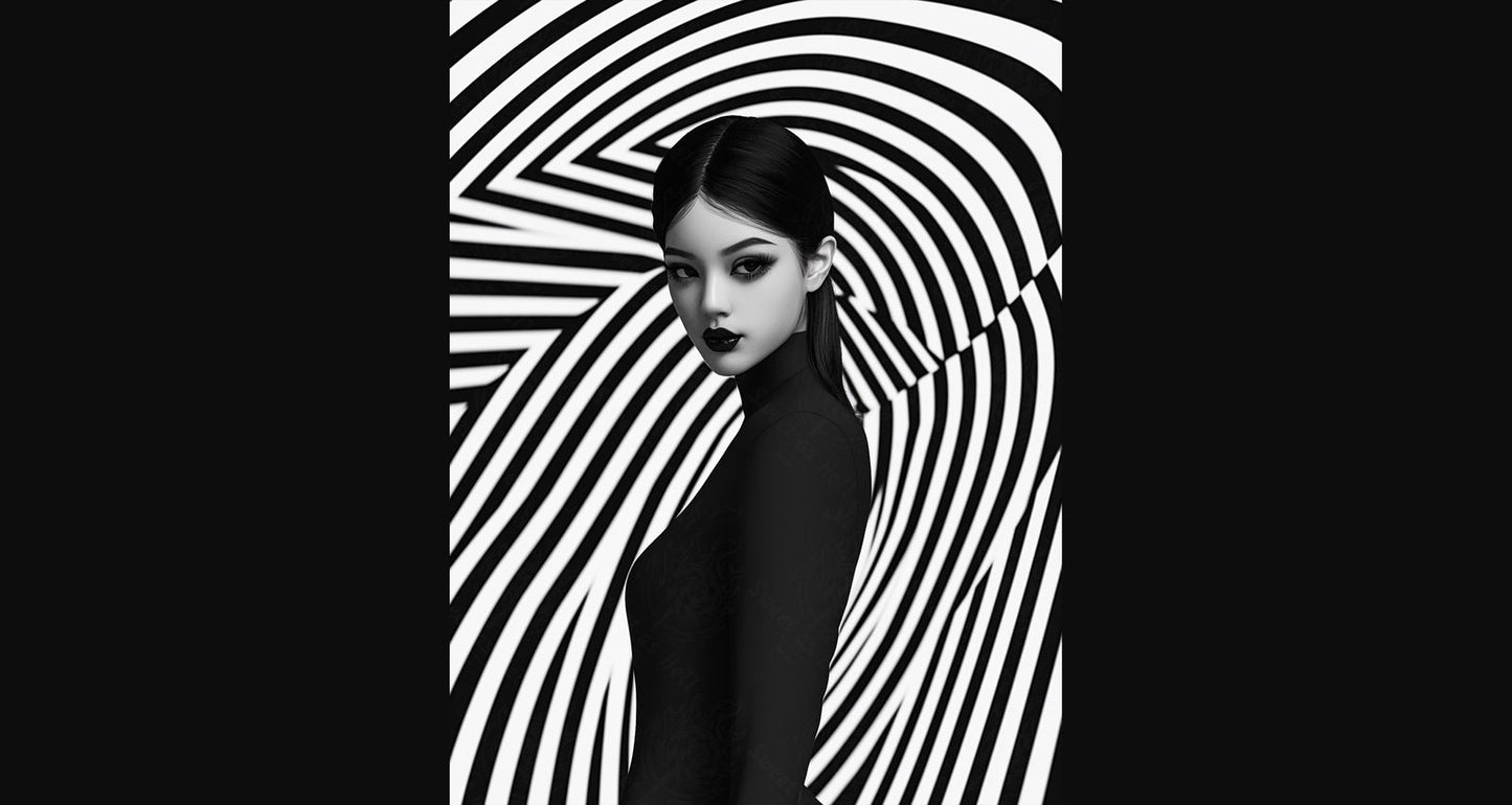 Black And White Fashion Photo of a Woman In The Center of a Optical Illusion That Creates Visual Depth and Movement 03 by 04 043 SN2479 - Sweet As Hell Designs