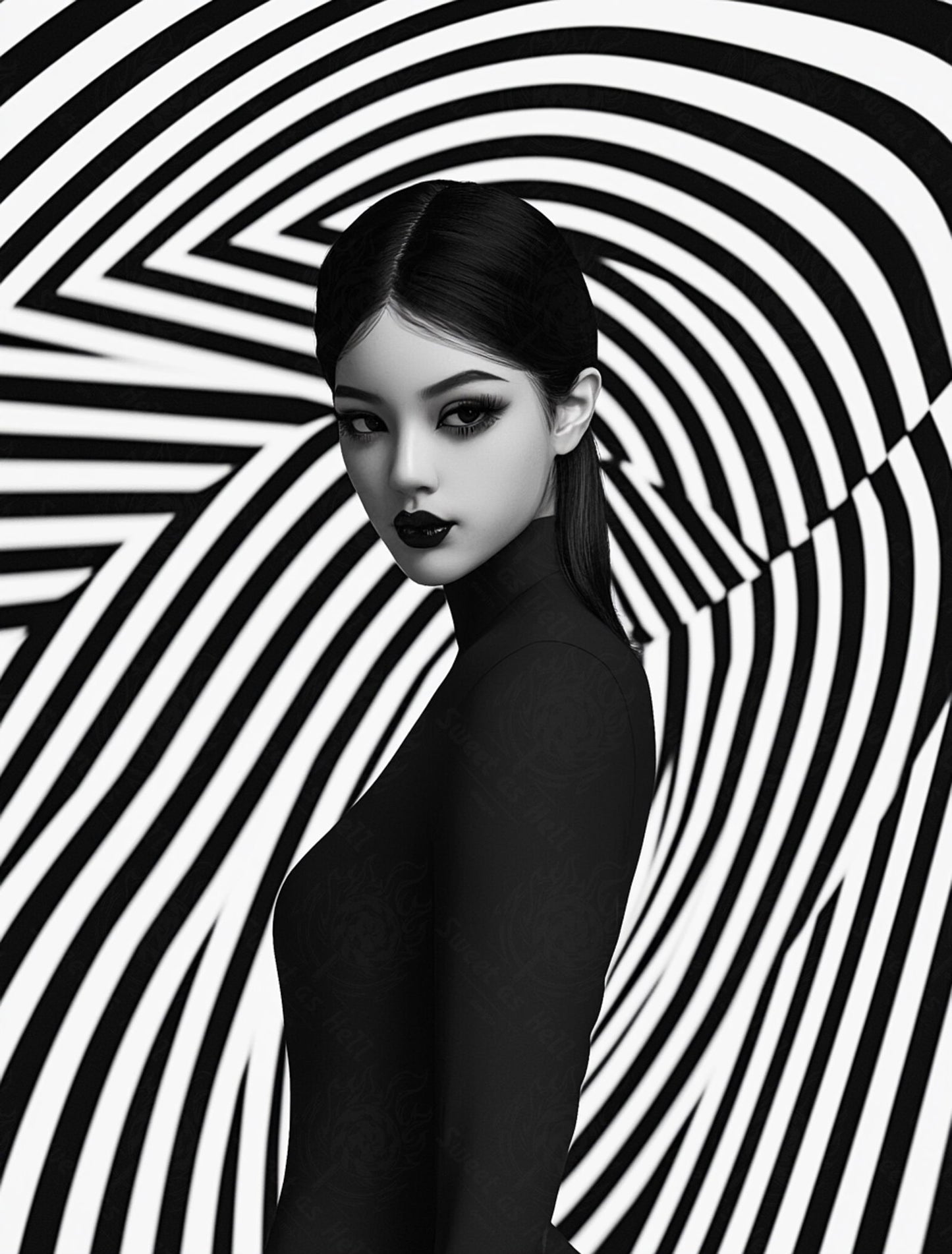 Black And White Fashion Photo of a Woman In The Center of a Optical Illusion That Creates Visual Depth and Movement 03 by 04 043 SN2479 - Sweet As Hell Designs