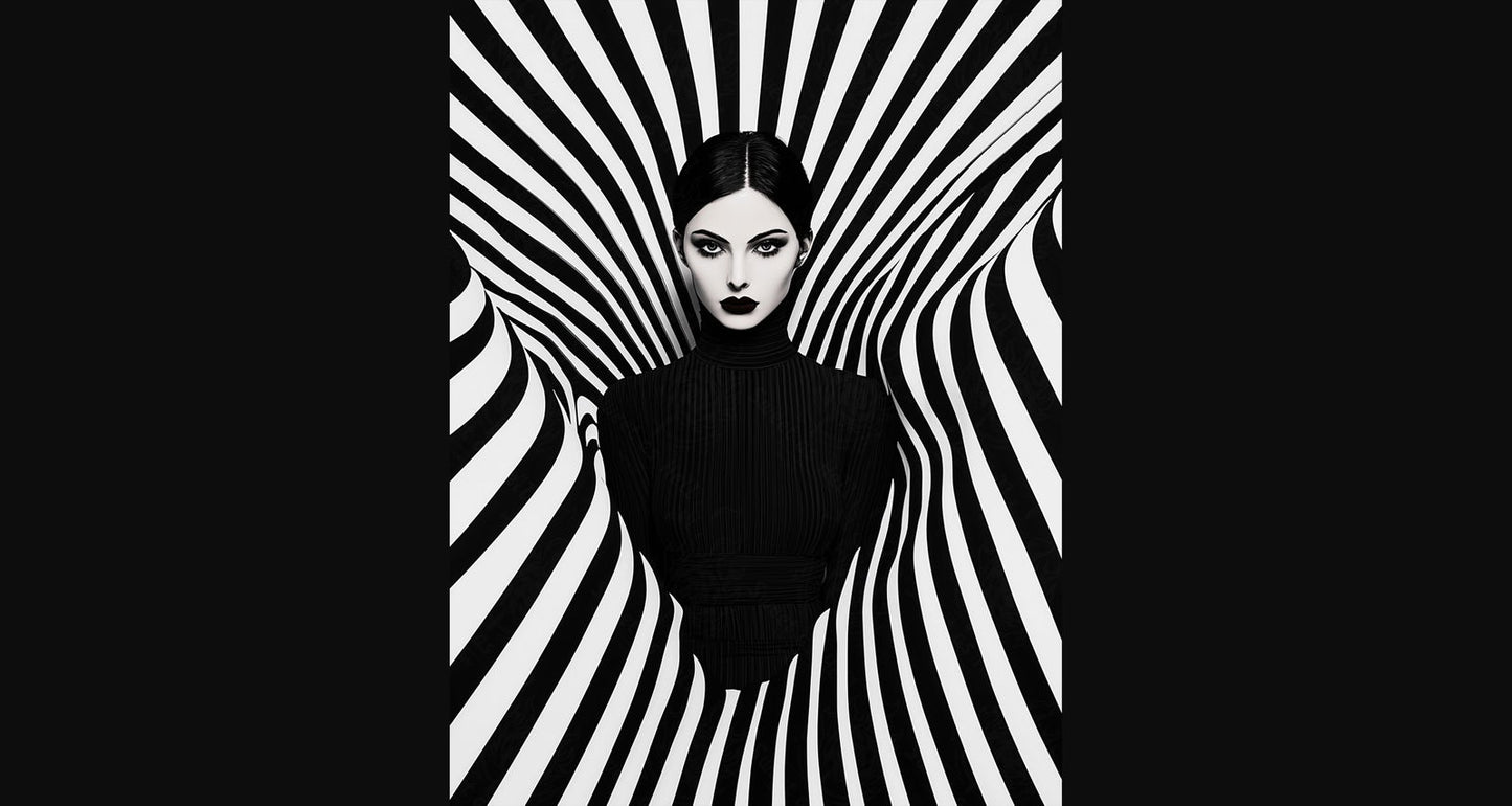 Black And White Fashion Photo of a Woman In The Center of a Optical Illusion That Creates Visual Depth and Movement 03 by 04 044 SN2480 - Sweet As Hell Designs