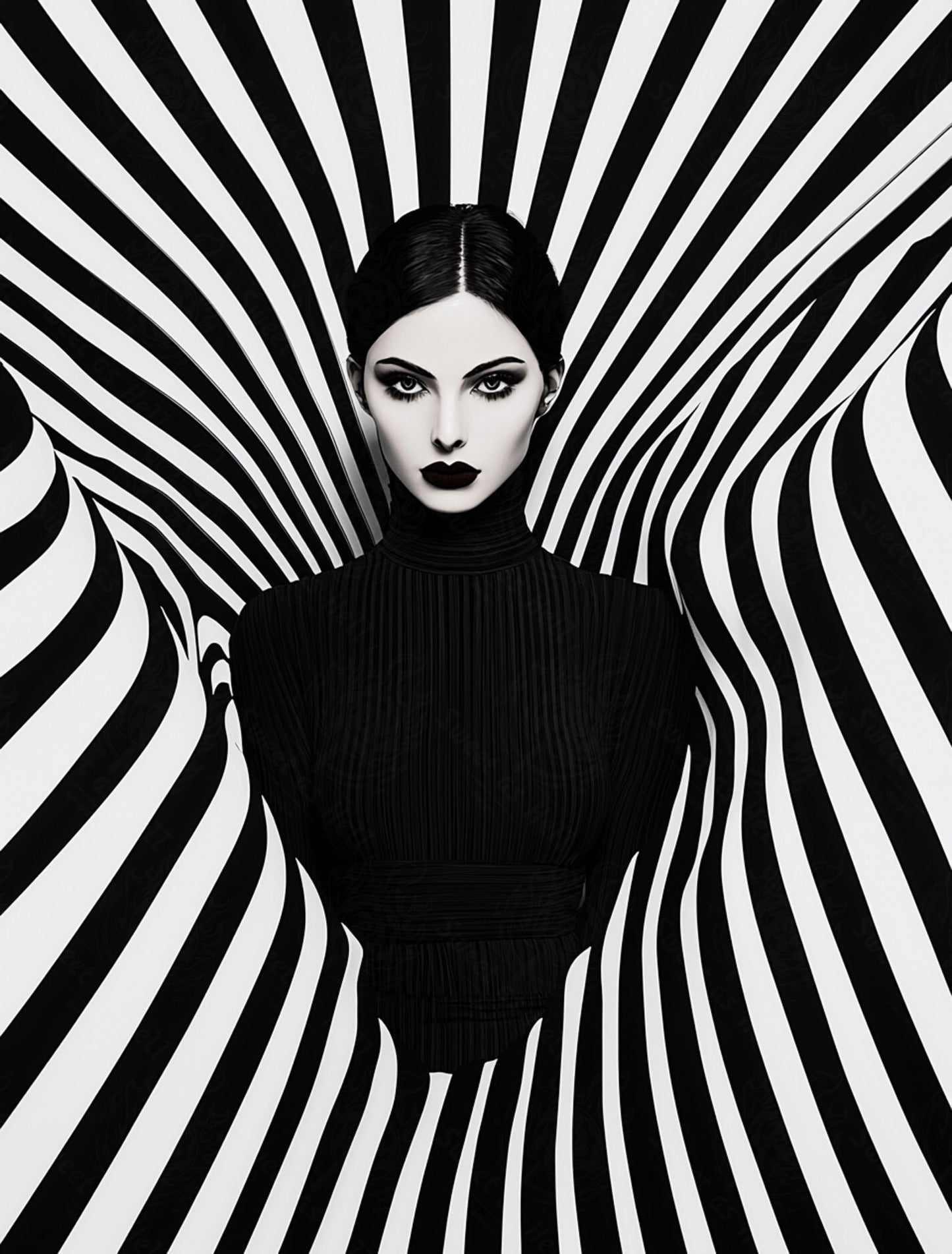 Black And White Fashion Photo of a Woman In The Center of a Optical Illusion That Creates Visual Depth and Movement 03 by 04 044 SN2480 - Sweet As Hell Designs