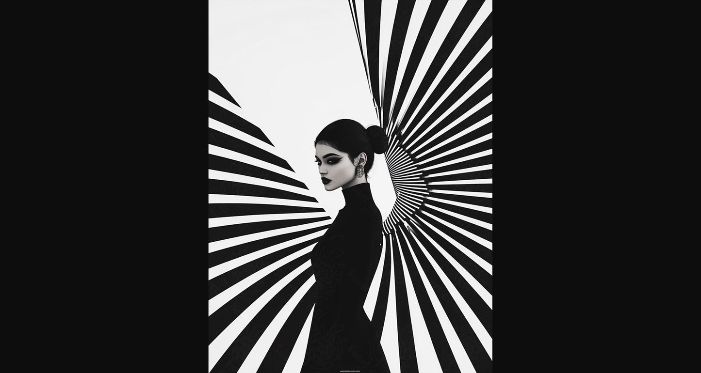 Black And White Fashion Photo of a Woman In The Center of a Optical Illusion That Creates Visual Depth and Movement 03 by 04 045 SN2481 - Sweet As Hell Designs