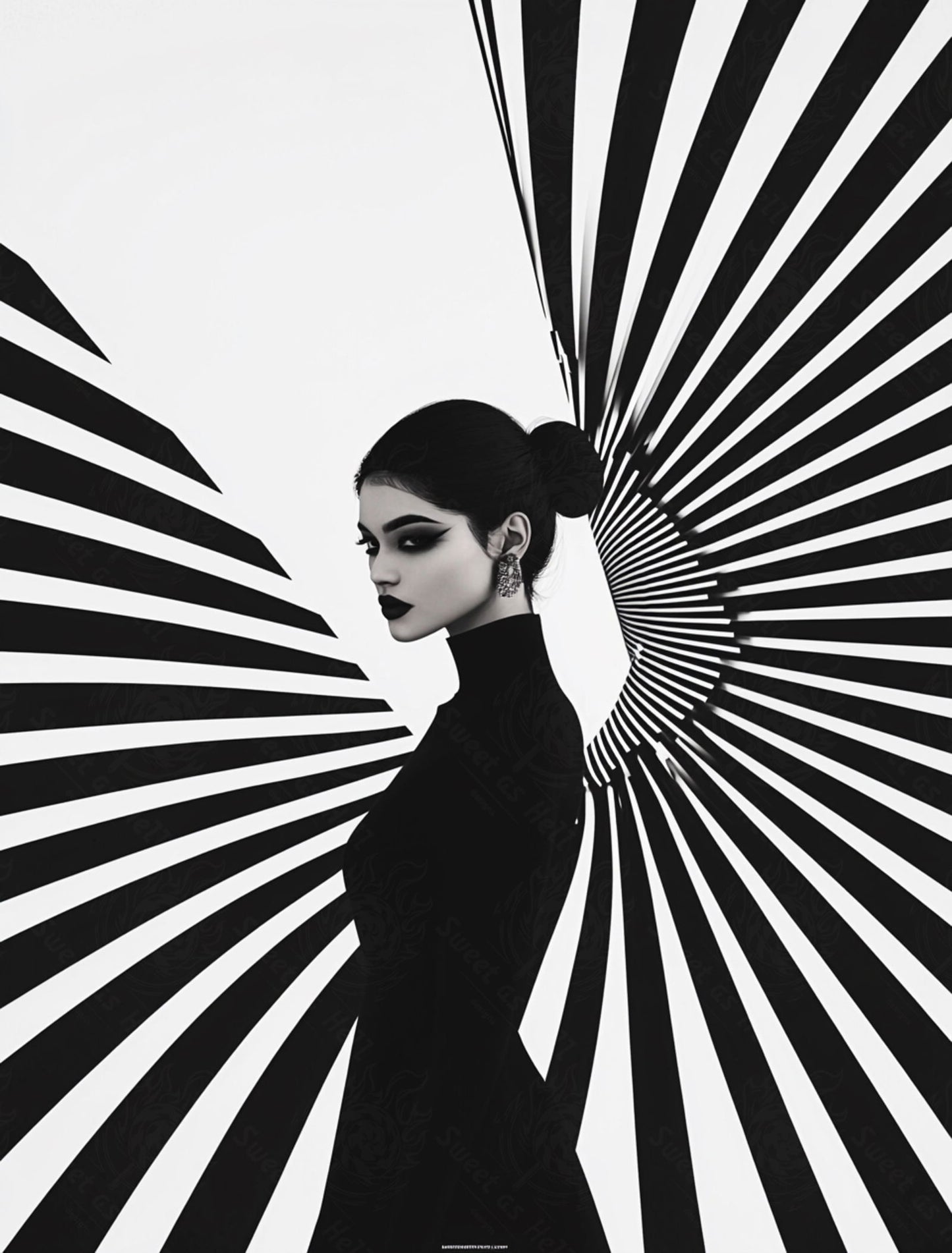 Black And White Fashion Photo of a Woman In The Center of a Optical Illusion That Creates Visual Depth and Movement 03 by 04 045 SN2481 - Sweet As Hell Designs