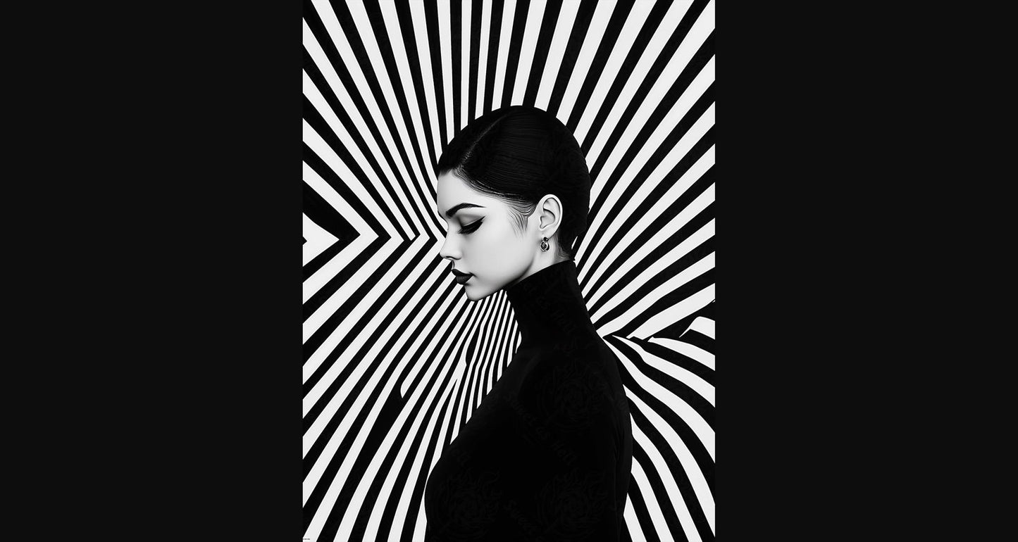 Black And White Fashion Photo of a Woman In The Center of a Optical Illusion That Creates Visual Depth and Movement 03 by 04 046 SN2482 - Sweet As Hell Designs