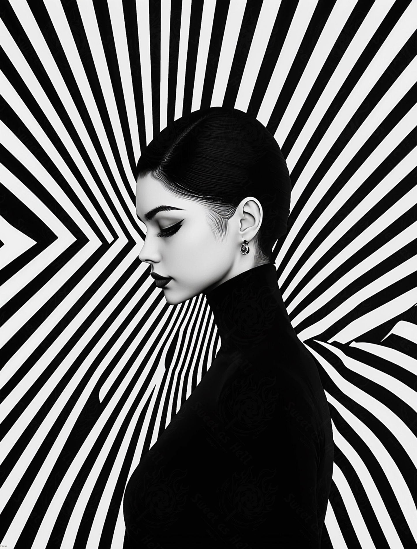 Black And White Fashion Photo of a Woman In The Center of a Optical Illusion That Creates Visual Depth and Movement 03 by 04 046 SN2482 - Sweet As Hell Designs