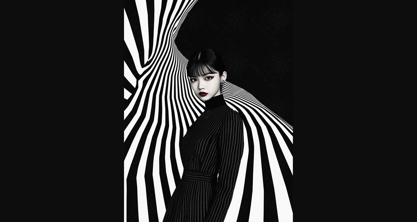 Black And White Fashion Photo of a Woman In The Center of a Optical Illusion That Creates Visual Depth and Movement 03 by 04 048 SN2484 - Sweet As Hell Designs
