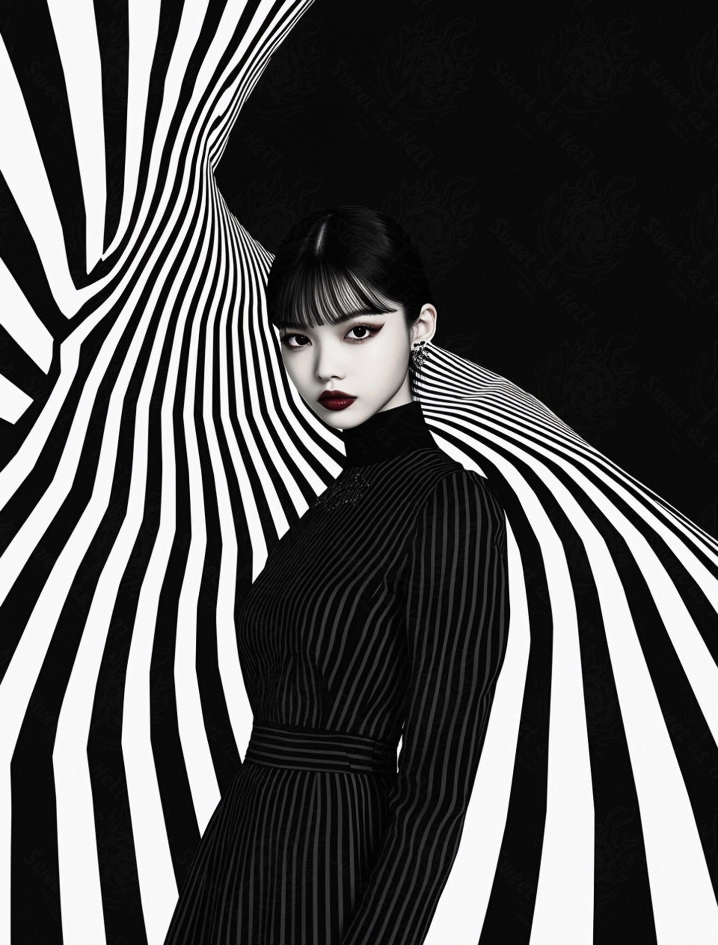 Black And White Fashion Photo of a Woman In The Center of a Optical Illusion That Creates Visual Depth and Movement 03 by 04 048 SN2484 - Sweet As Hell Designs