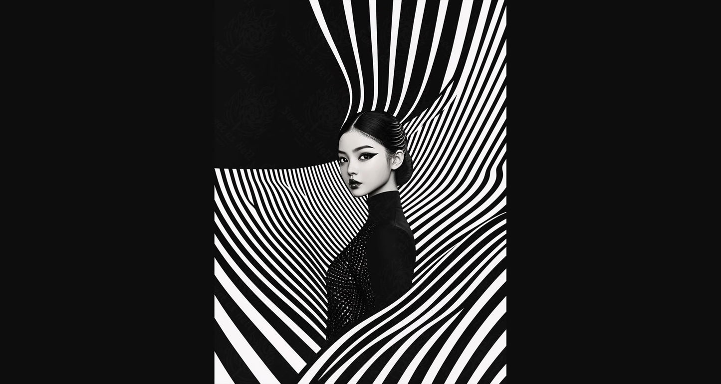 Black And White Fashion Photo of a Woman In The Center of a Optical Illusion That Creates Visual Depth and Movement 03 by 04 049 SN2485 - Sweet As Hell Designs