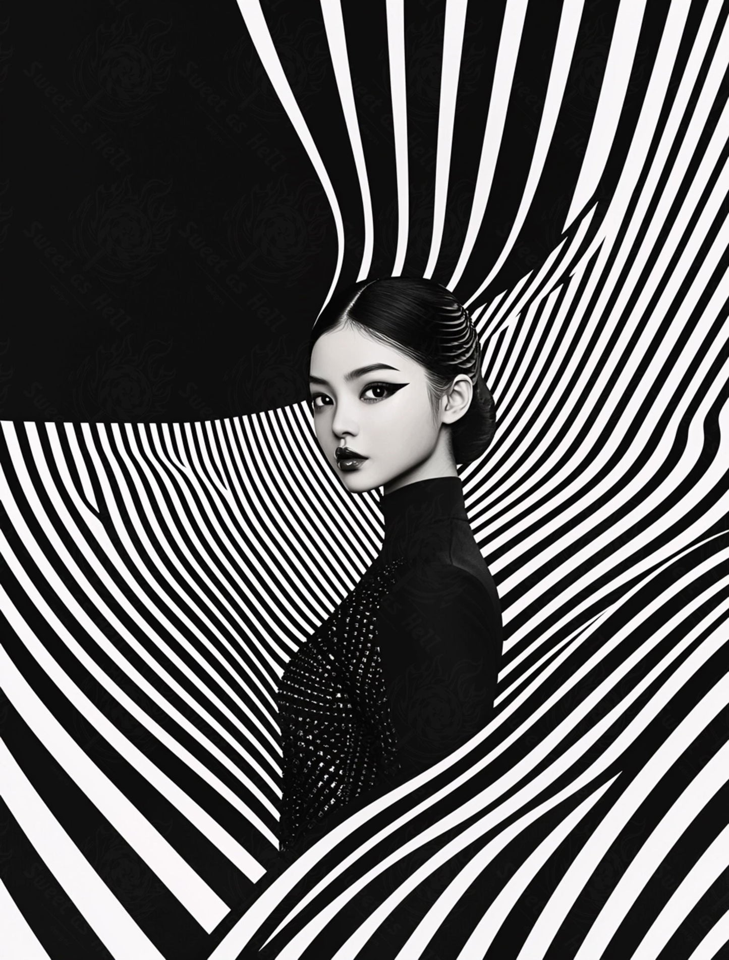 Black And White Fashion Photo of a Woman In The Center of a Optical Illusion That Creates Visual Depth and Movement 03 by 04 049 SN2485 - Sweet As Hell Designs