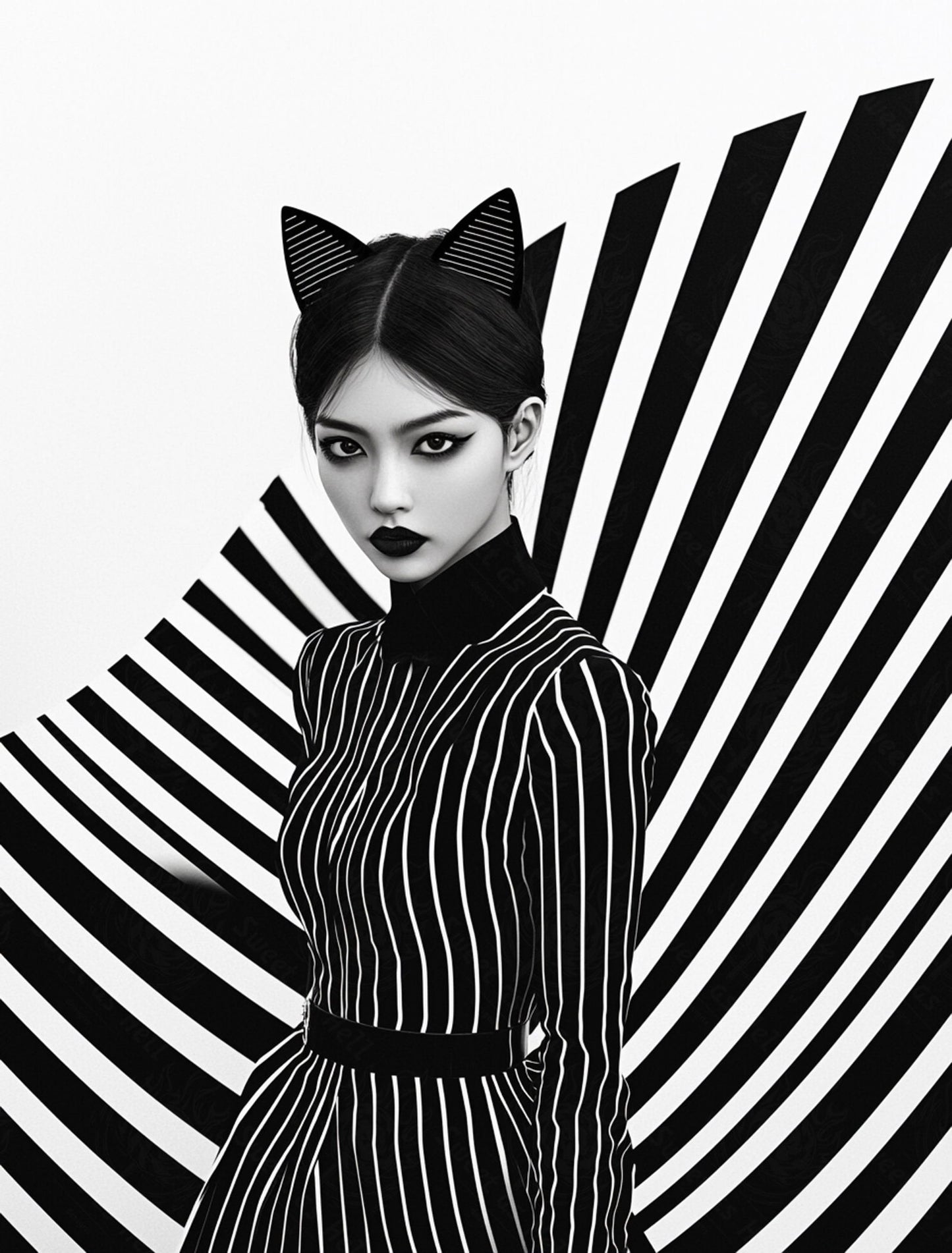 Black And White Fashion Photo of a Woman In The Center of a Optical Illusion That Creates Visual Depth and Movement 03 by 04 050 SN2486 - Sweet As Hell Designs