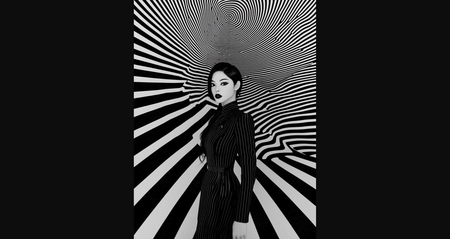 Black And White Fashion Photo of a Woman In The Center of a Optical Illusion That Creates Visual Depth and Movement 03 by 04 051 SN2487 - Sweet As Hell Designs