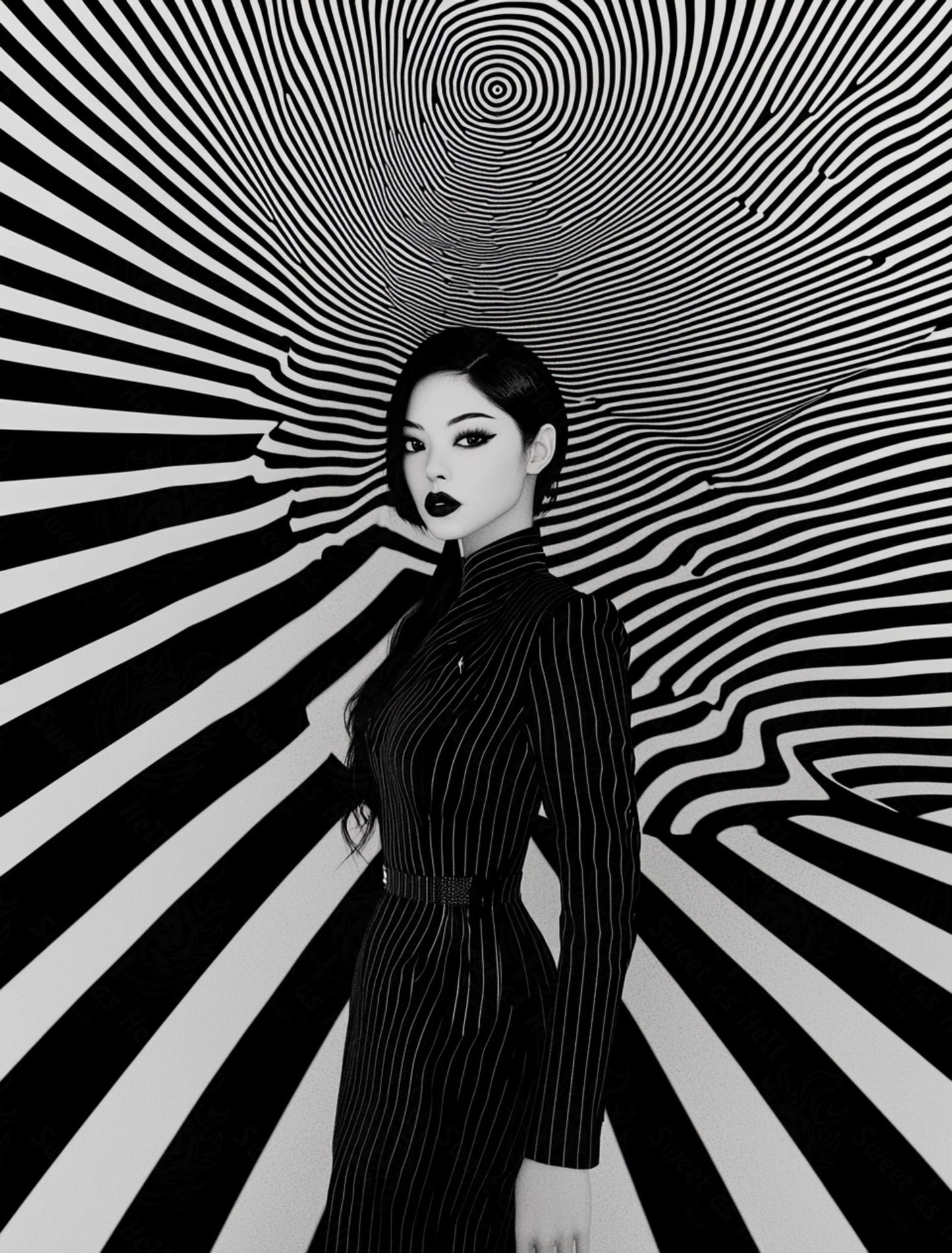 Black And White Fashion Photo of a Woman In The Center of a Optical Illusion That Creates Visual Depth and Movement 03 by 04 051 SN2487 - Sweet As Hell Designs