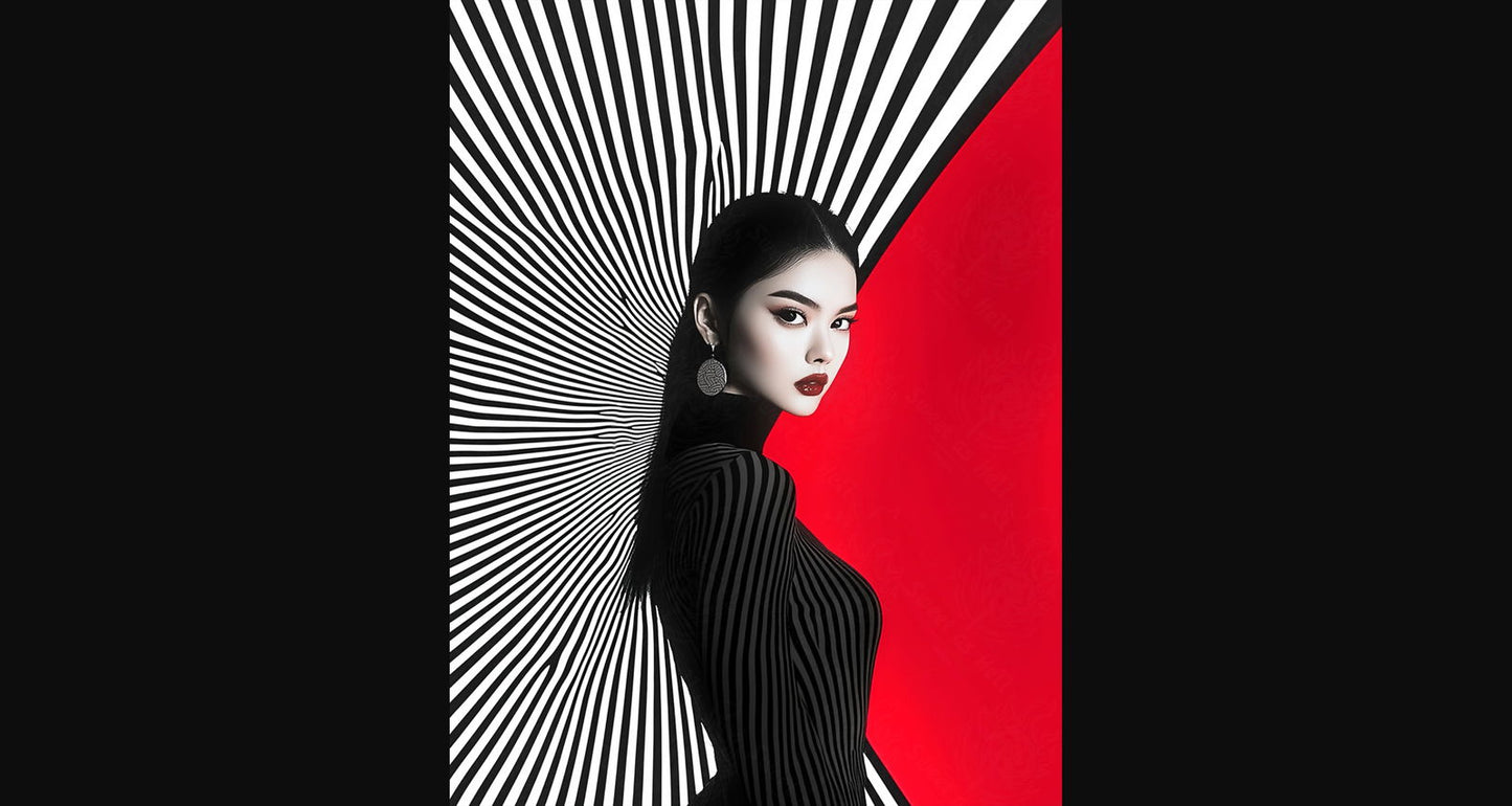Black And White Fashion Photo of a Woman In The Center of a Optical Illusion That Creates Visual Depth and Movement 03 by 04 052 SN2488 - Sweet As Hell Designs