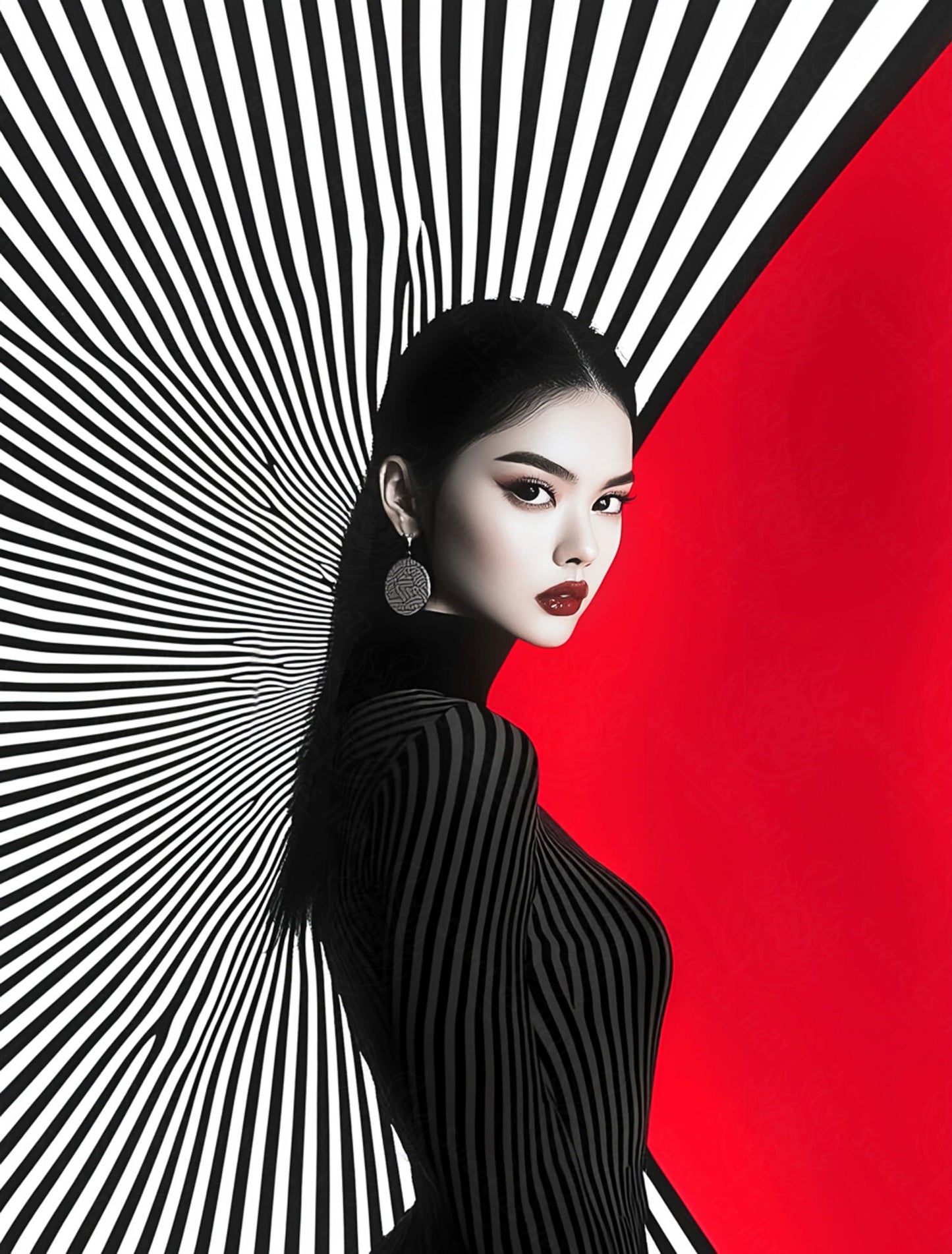 Black And White Fashion Photo of a Woman In The Center of a Optical Illusion That Creates Visual Depth and Movement 03 by 04 052 SN2488 - Sweet As Hell Designs