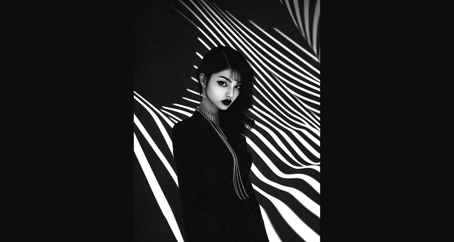 Black And White Fashion Photo of a Woman In The Center of a Optical Illusion That Creates Visual Depth and Movement 03 by 04 053 SN2489 - Sweet As Hell Designs