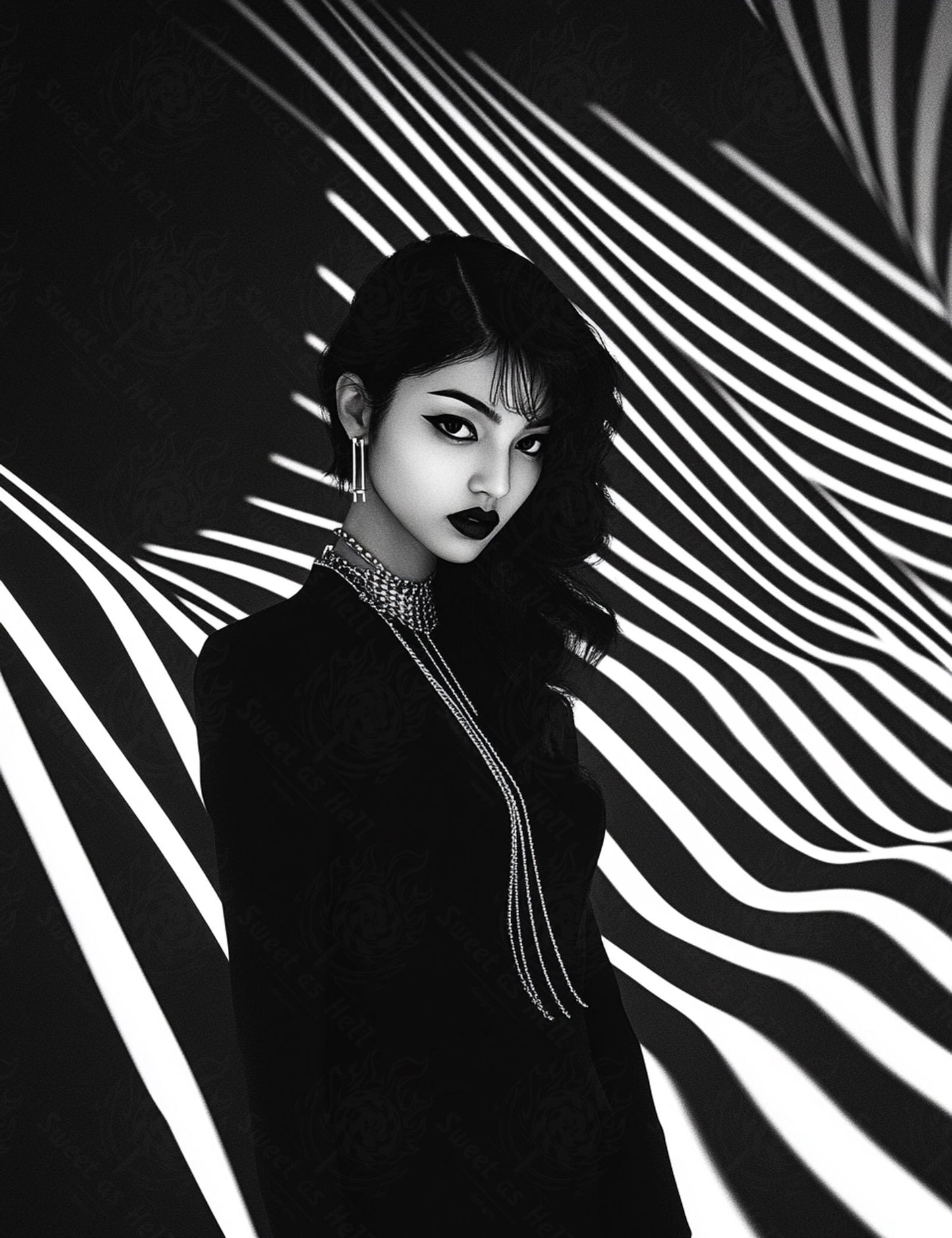 Black And White Fashion Photo of a Woman In The Center of a Optical Illusion That Creates Visual Depth and Movement 03 by 04 053 SN2489 - Sweet As Hell Designs