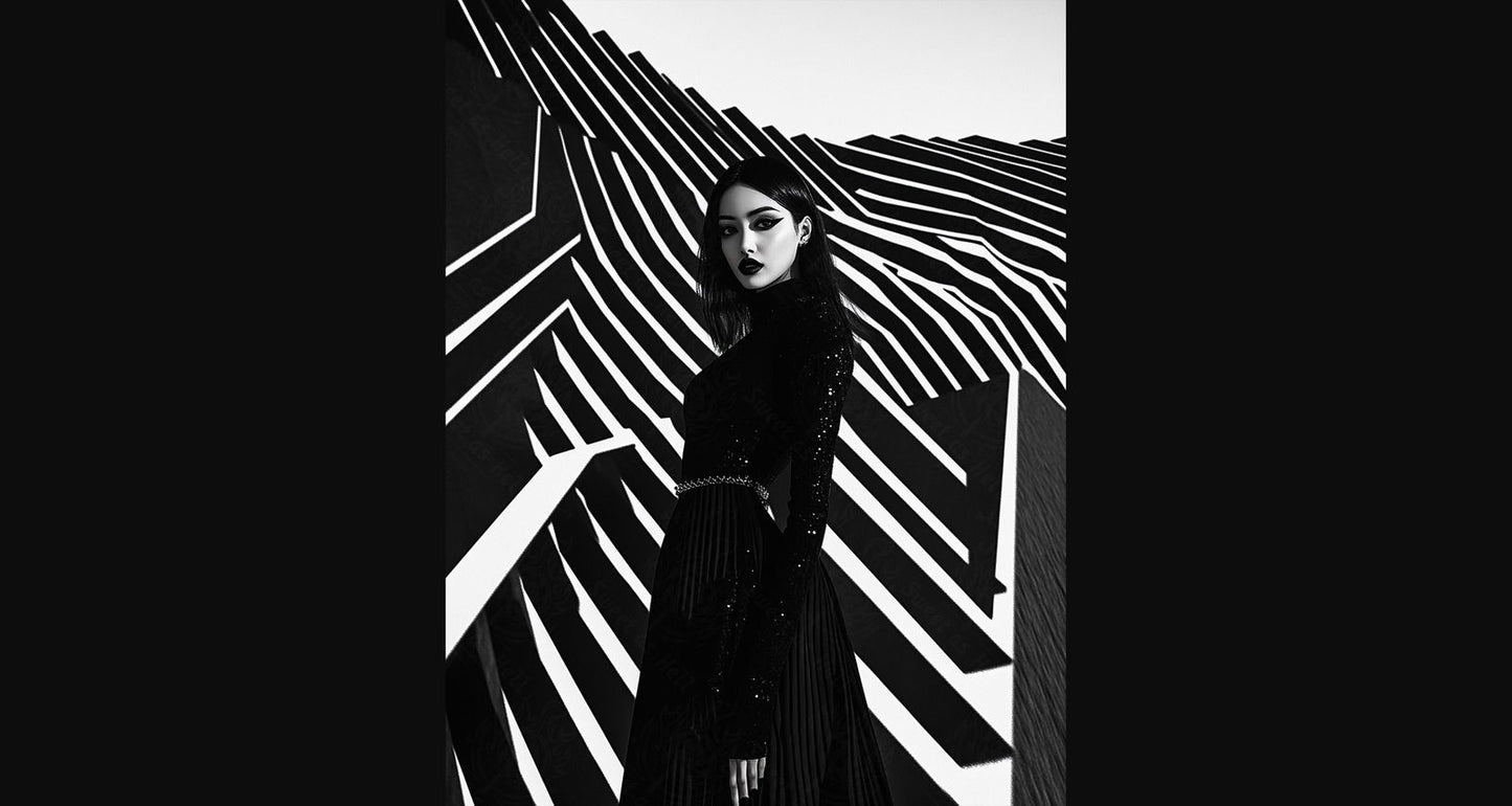 Black And White Fashion Photo of a Woman In The Center of a Optical Illusion That Creates Visual Depth and Movement 03 by 04 054 SN2490 - Sweet As Hell Designs