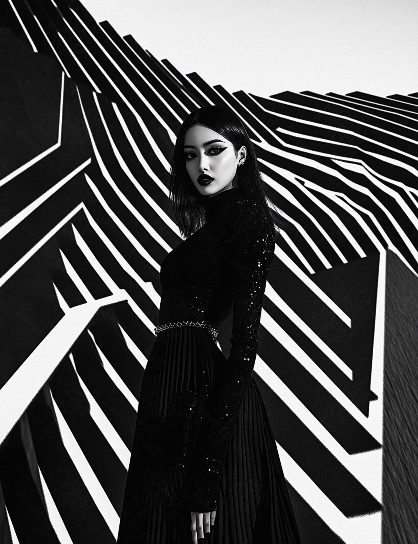 Black And White Fashion Photo of a Woman In The Center of a Optical Illusion That Creates Visual Depth and Movement 03 by 04 054 SN2490 - Sweet As Hell Designs