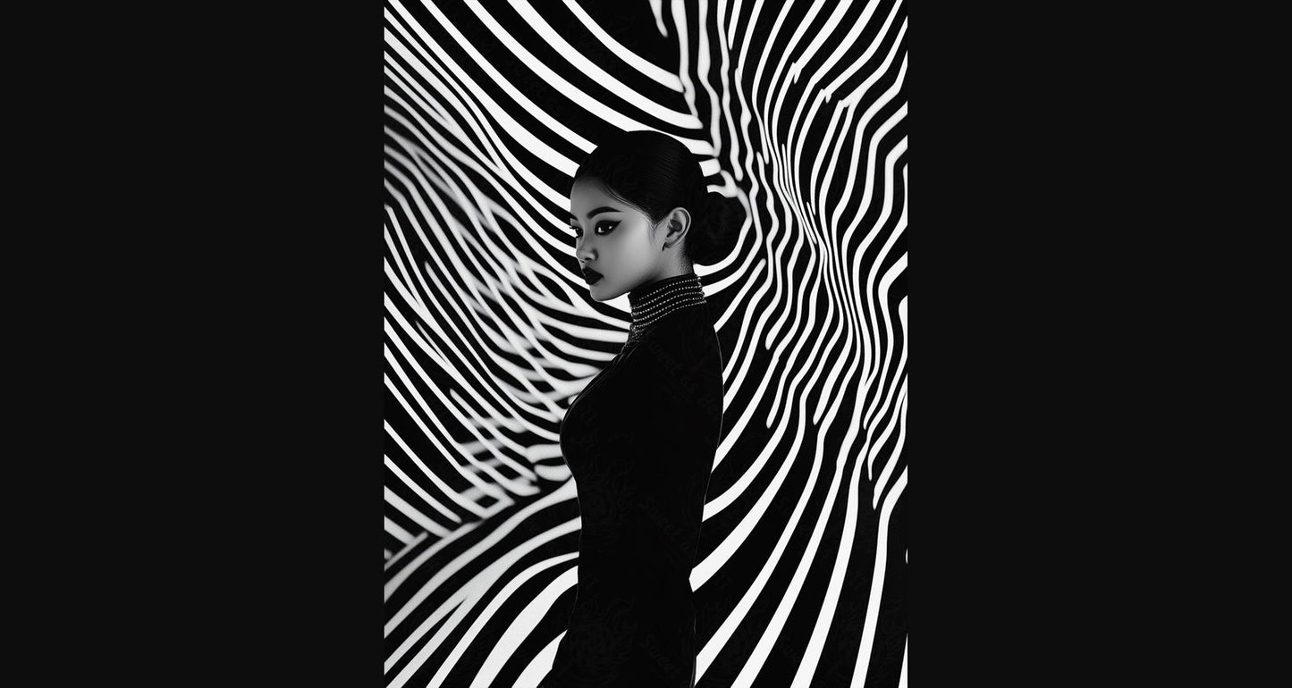 Black And White Fashion Photo of a Woman In The Center of a Optical Illusion That Creates Visual Depth and Movement 03 by 04 055 SN2491 - Sweet As Hell Designs