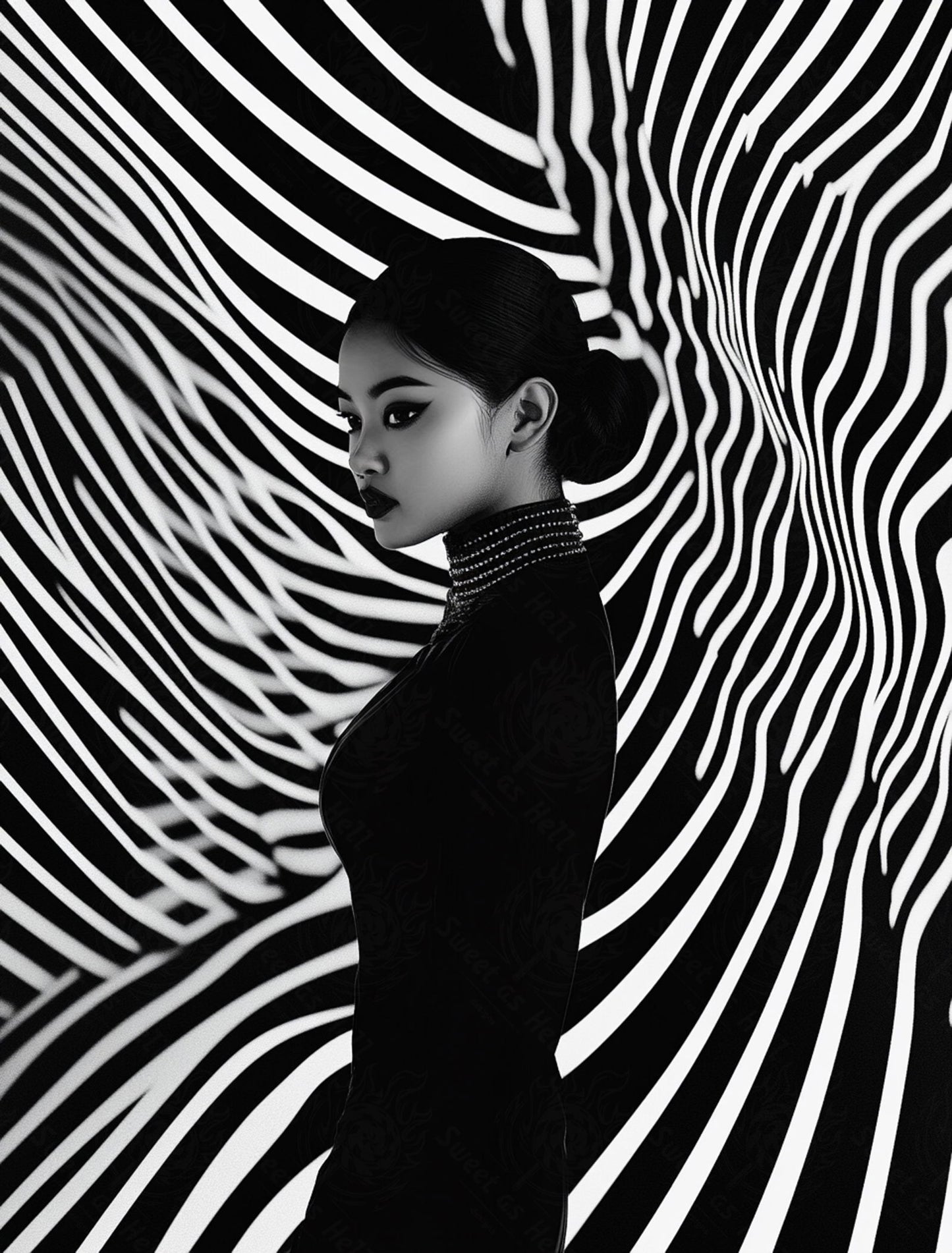 Black And White Fashion Photo of a Woman In The Center of a Optical Illusion That Creates Visual Depth and Movement 03 by 04 055 SN2491 - Sweet As Hell Designs