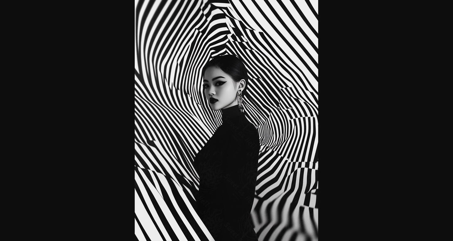 Black And White Fashion Photo of a Woman In The Center of a Optical Illusion That Creates Visual Depth and Movement 03 by 04 057 SN2493 - Sweet As Hell Designs