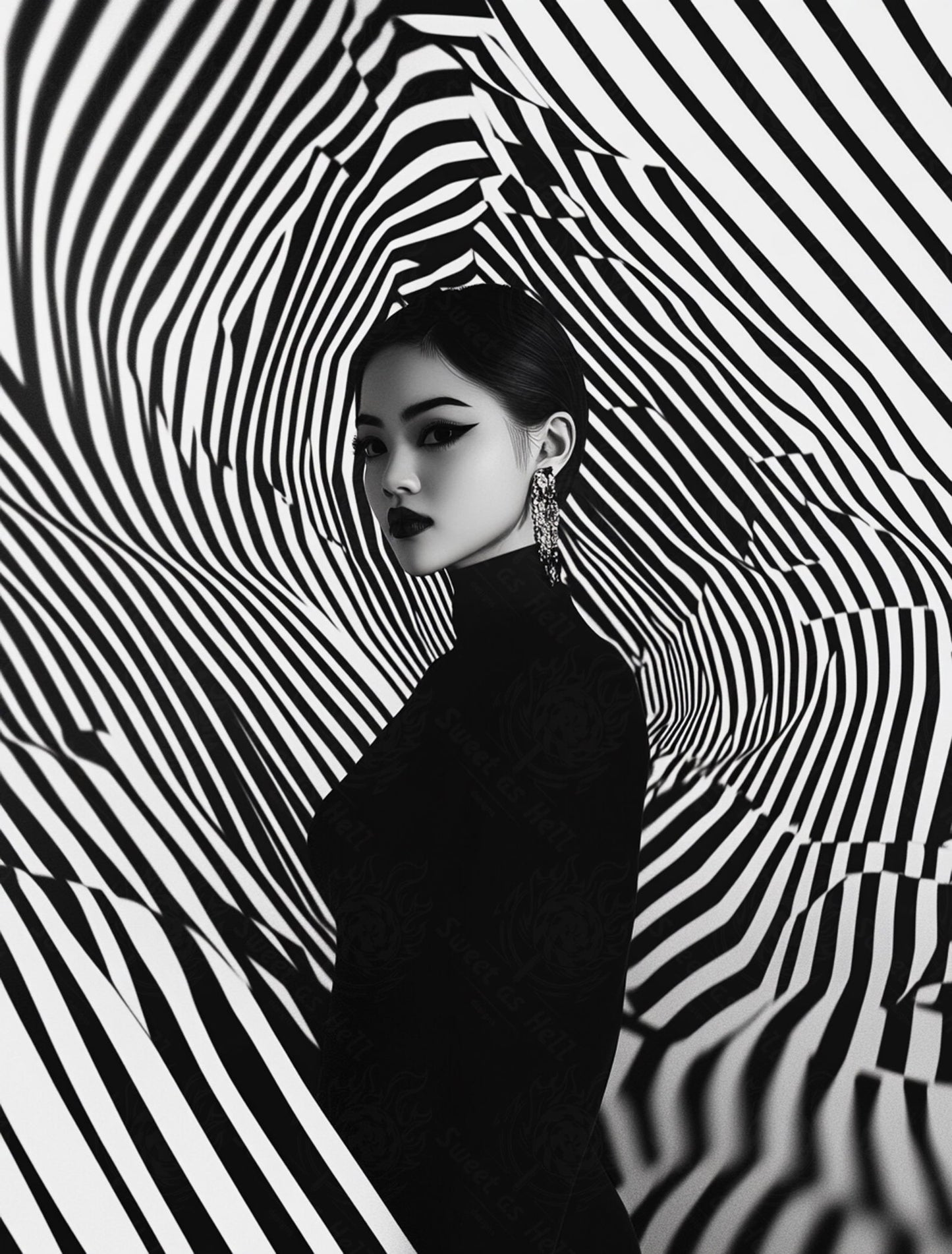 Black And White Fashion Photo of a Woman In The Center of a Optical Illusion That Creates Visual Depth and Movement 03 by 04 057 SN2493 - Sweet As Hell Designs