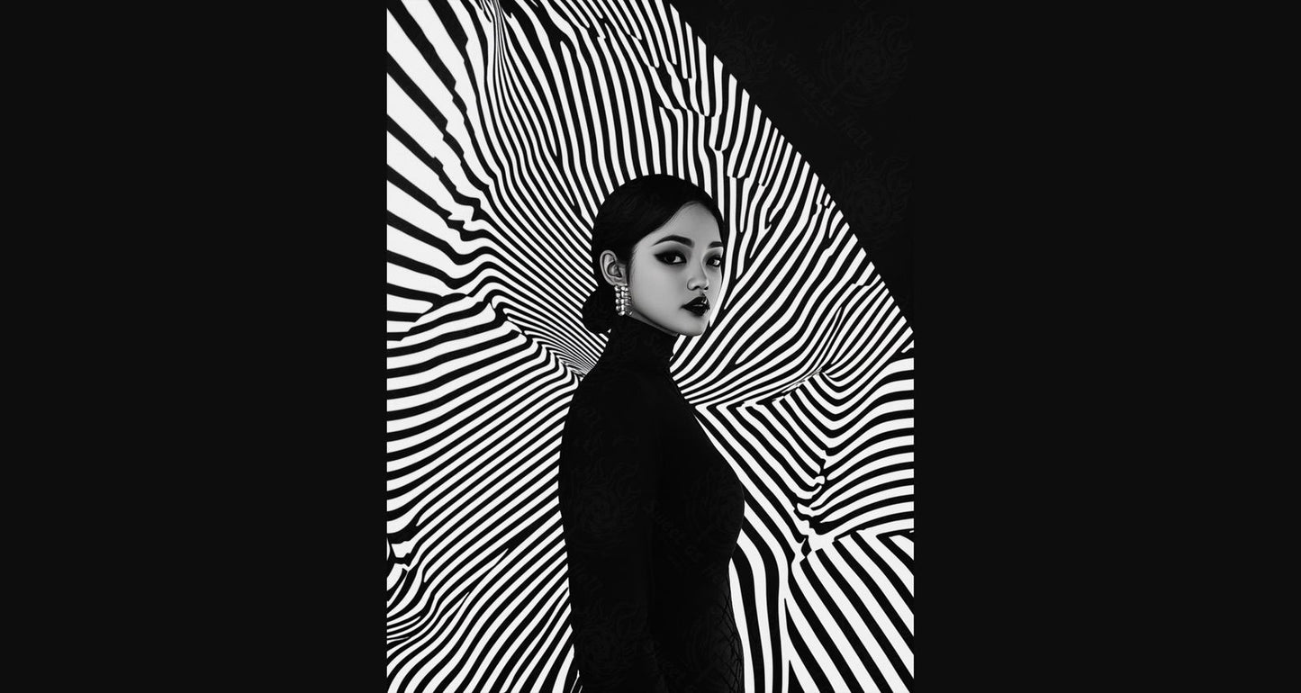 Black And White Fashion Photo of a Woman In The Center of a Optical Illusion That Creates Visual Depth and Movement 03 by 04 058 SN2494 - Sweet As Hell Designs