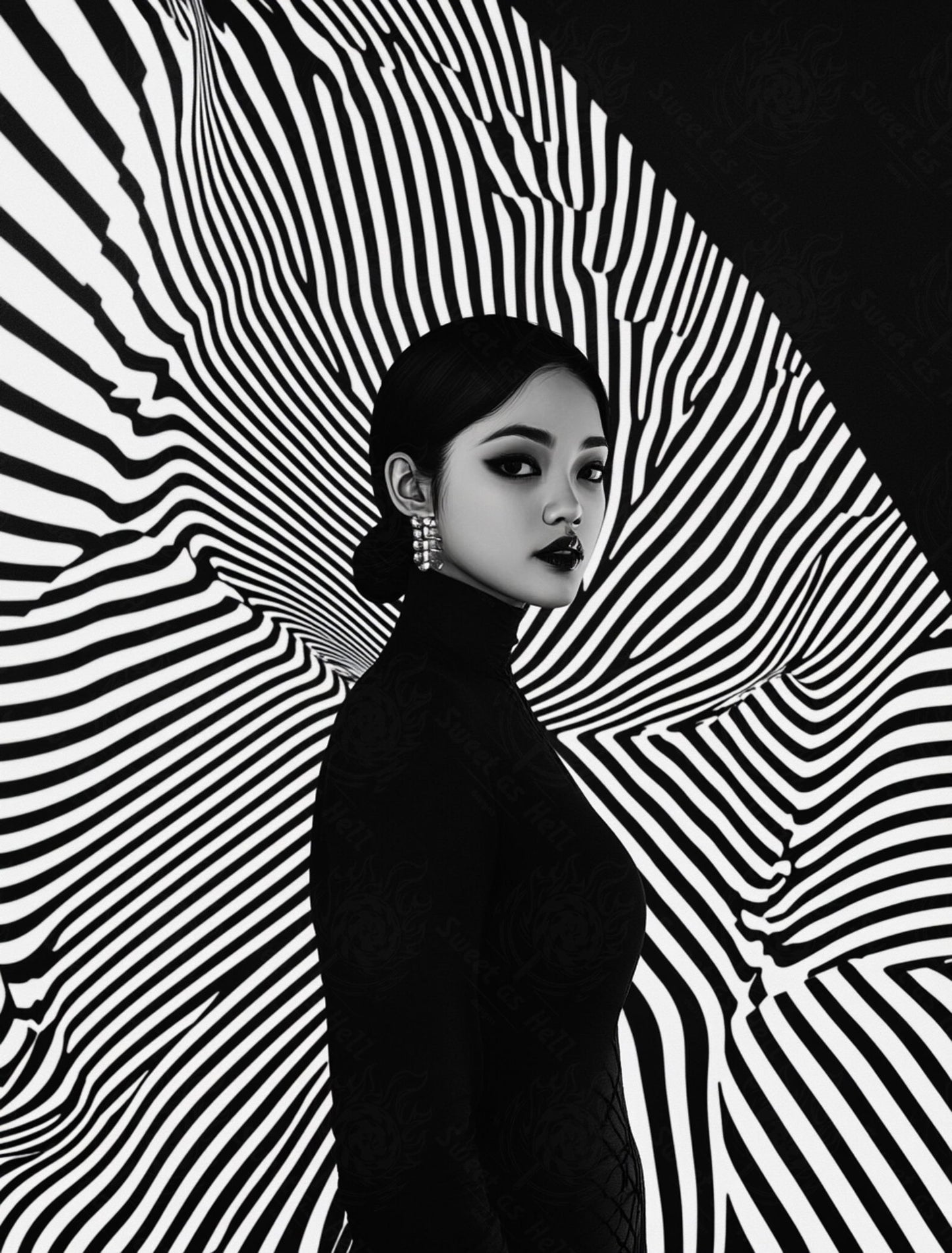 Black And White Fashion Photo of a Woman In The Center of a Optical Illusion That Creates Visual Depth and Movement 03 by 04 058 SN2494 - Sweet As Hell Designs