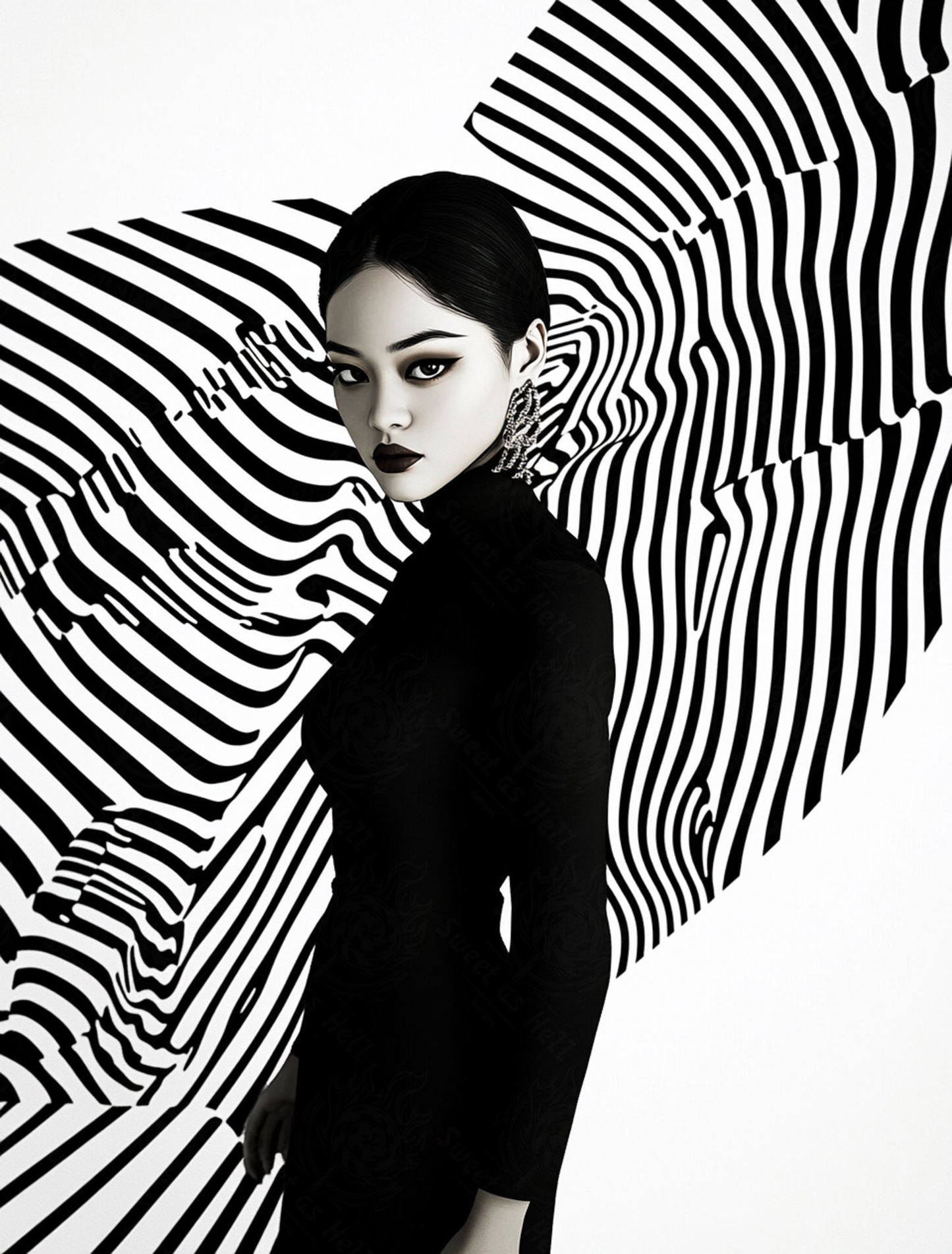 Black And White Fashion Photo of a Woman In The Center of a Optical Illusion That Creates Visual Depth and Movement 03 by 04 059 SN2495 - Sweet As Hell Designs