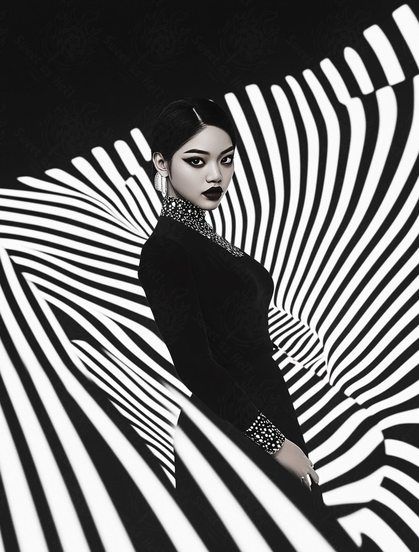 Black And White Fashion Photo of a Woman In The Center of a Optical Illusion That Creates Visual Depth and Movement 03 by 04 060 SN2496 - Sweet As Hell Designs