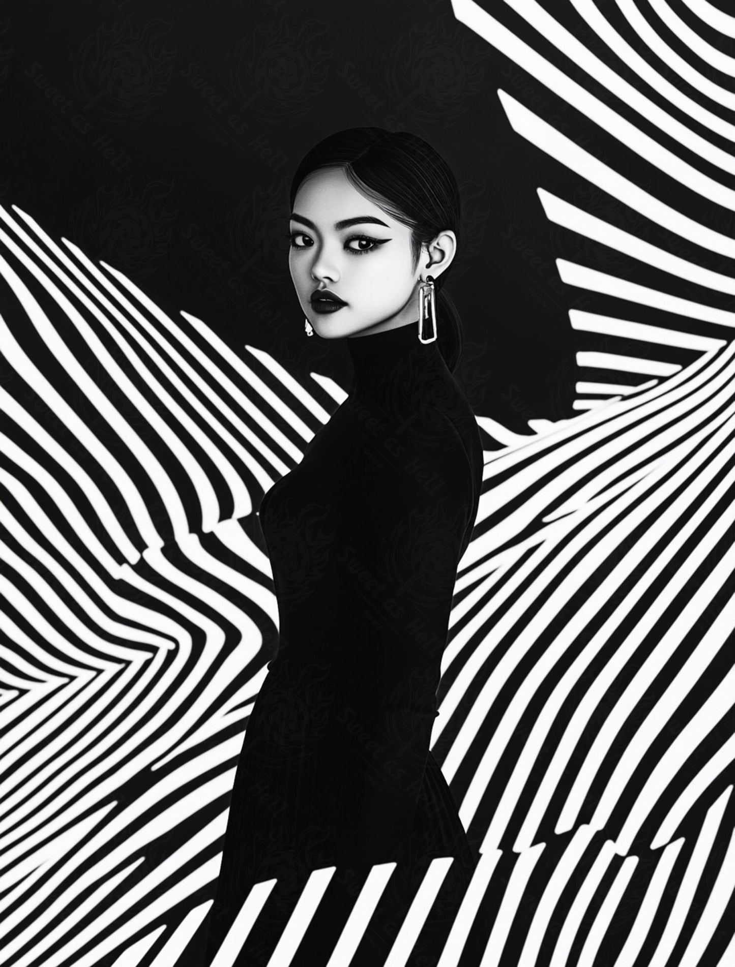Black And White Fashion Photo of a Woman In The Center of a Optical Illusion That Creates Visual Depth and Movement 03 by 04 061 SN2497 - Sweet As Hell Designs