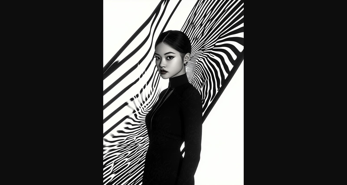 Black And White Fashion Photo of a Woman In The Center of a Optical Illusion That Creates Visual Depth and Movement 03 by 04 062 SN2498 - Sweet As Hell Designs