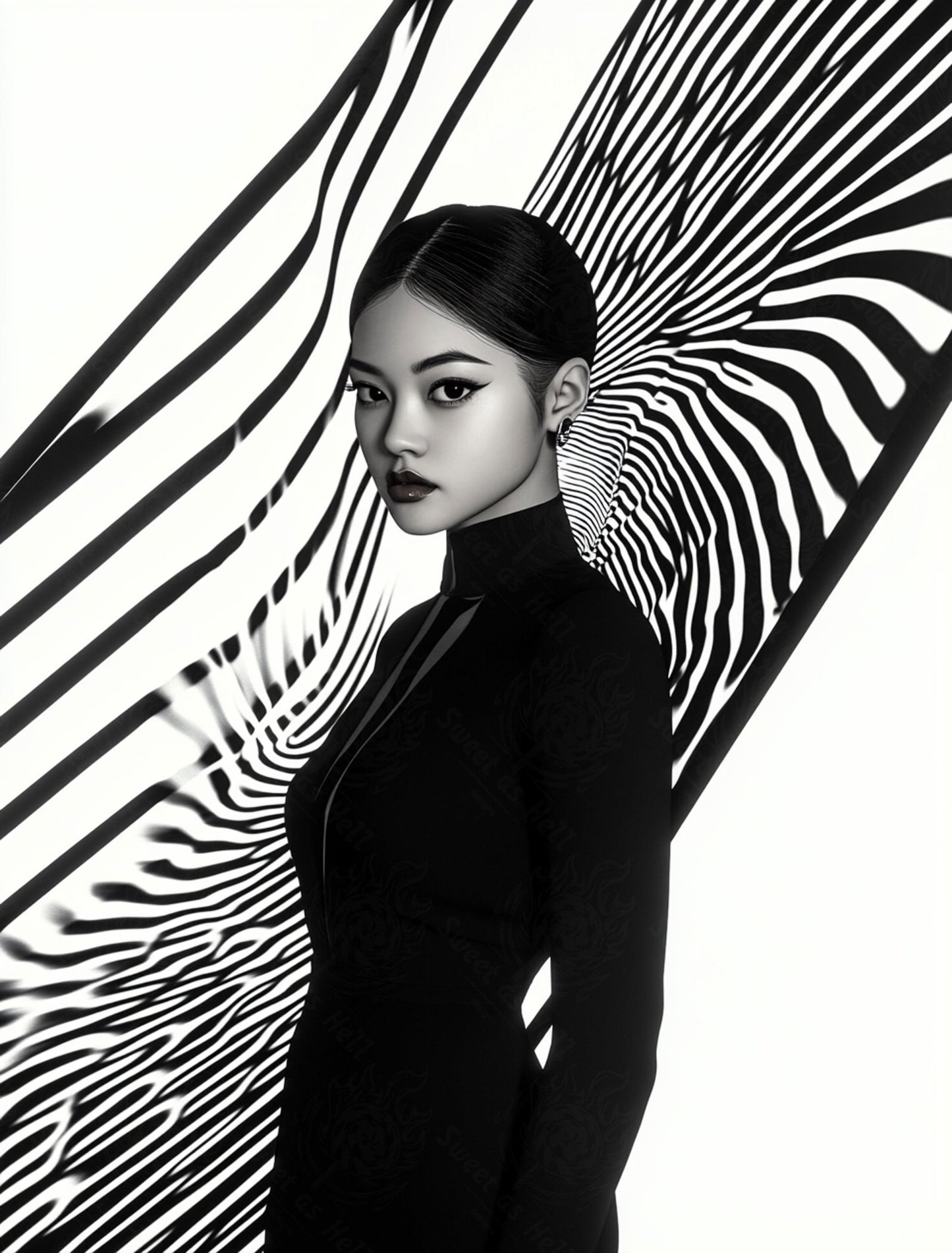 Black And White Fashion Photo of a Woman In The Center of a Optical Illusion That Creates Visual Depth and Movement 03 by 04 062 SN2498 - Sweet As Hell Designs