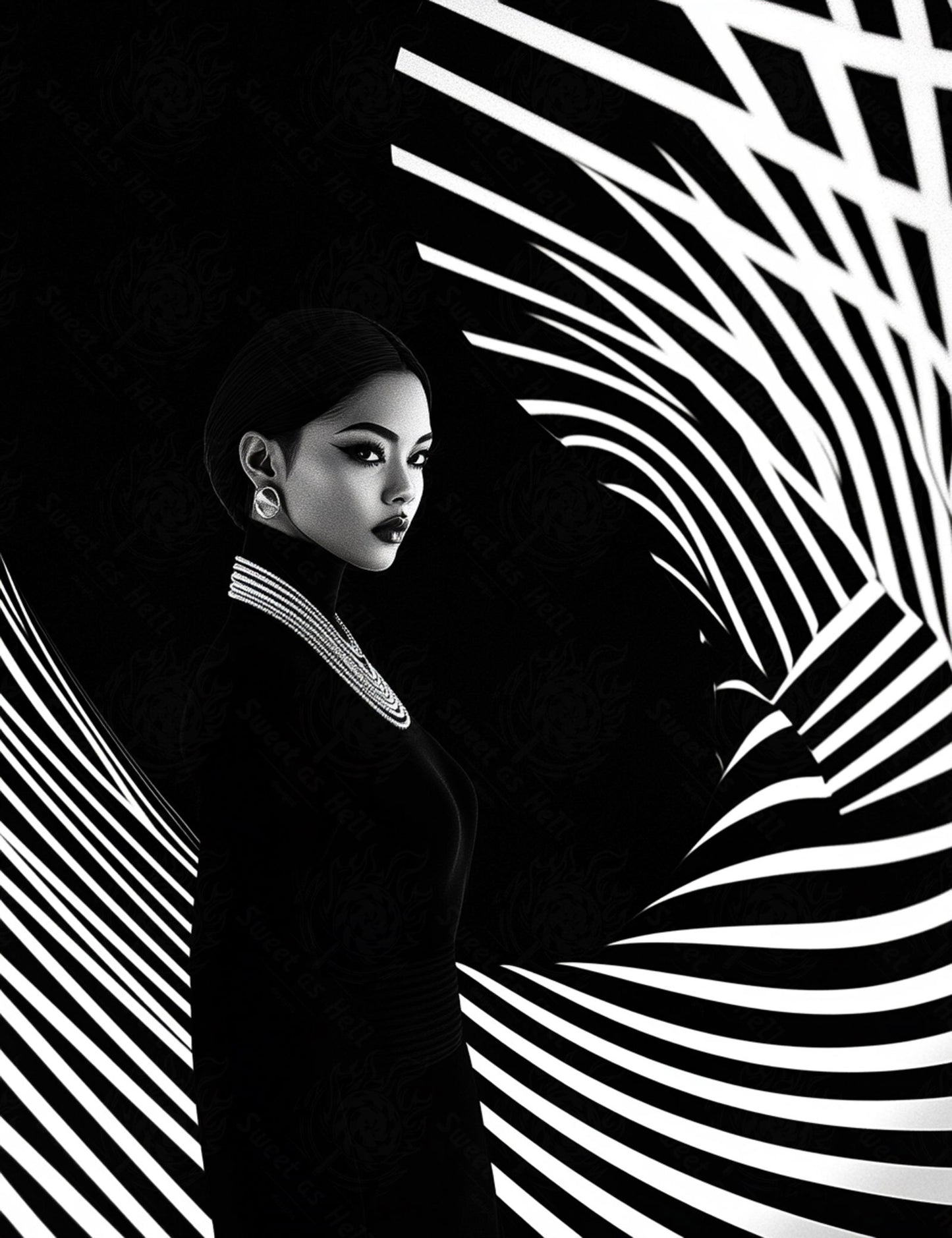 Black And White Fashion Photo of a Woman In The Center of a Optical Illusion That Creates Visual Depth and Movement 03 by 04 063 SN2499 - Sweet As Hell Designs