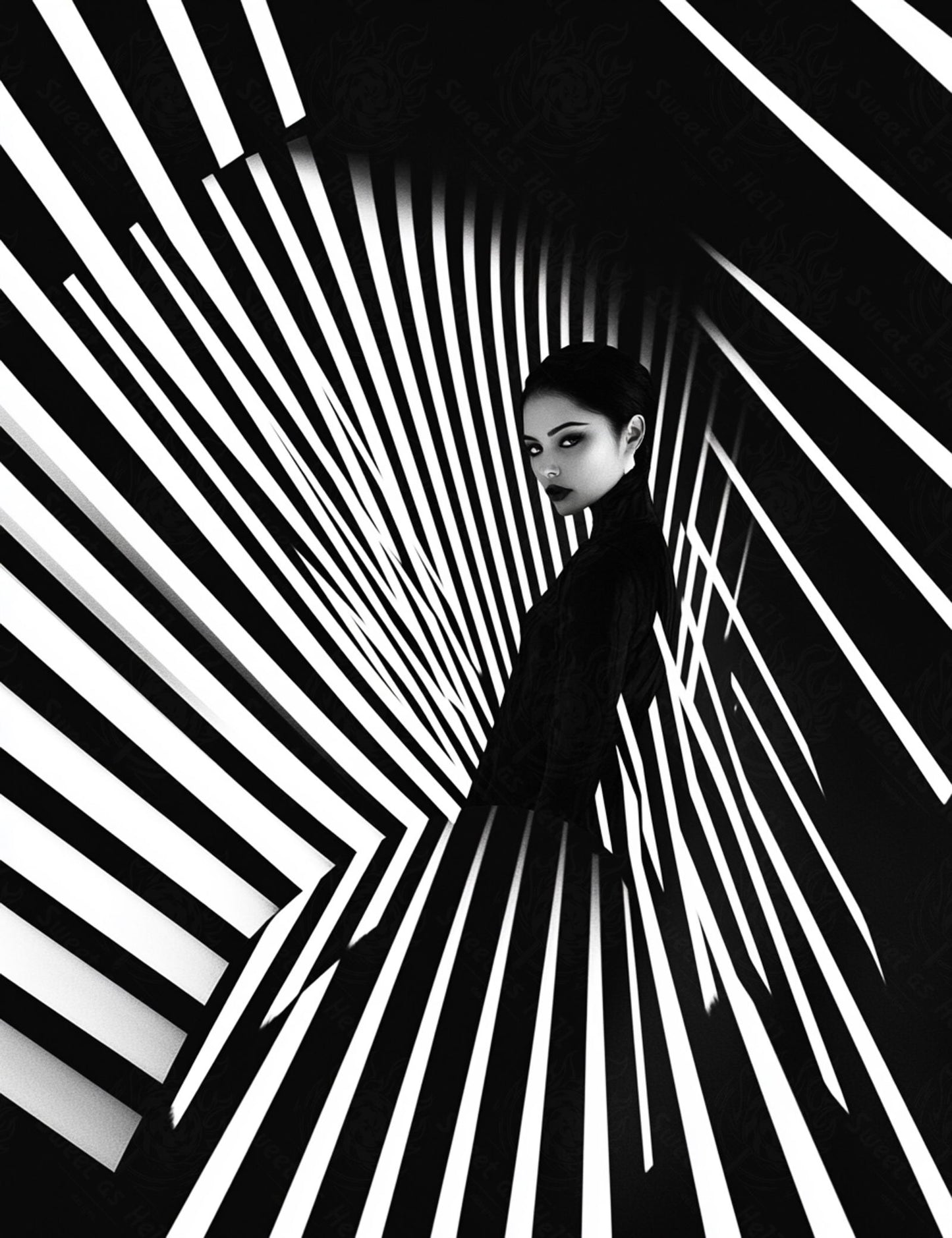 Black And White Fashion Photo of a Woman In The Center of a Optical Illusion That Creates Visual Depth and Movement 03 by 04 064 SN2500 - Sweet As Hell Designs