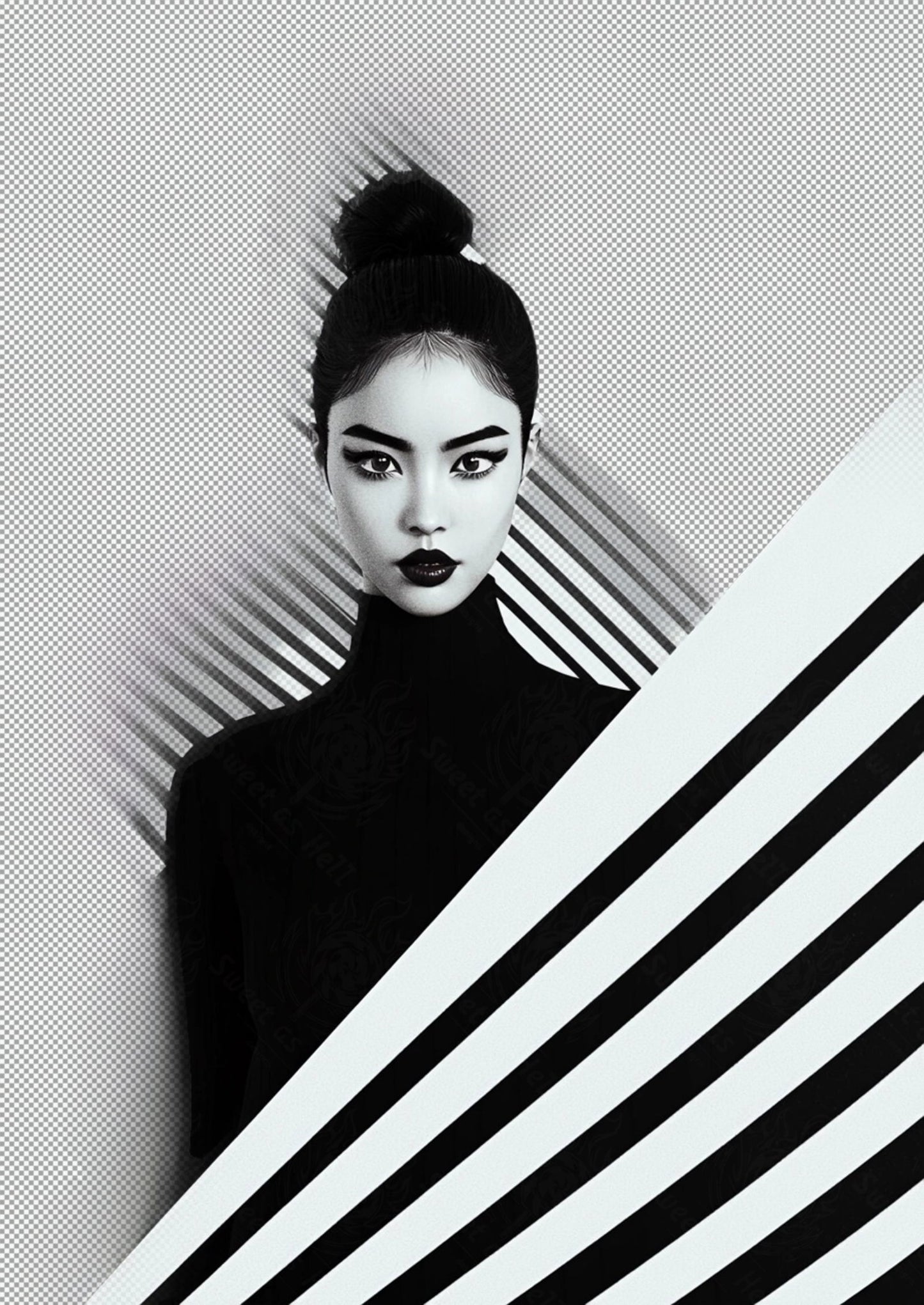 Black And White Fashion Photo of a Woman In The Center of a Optical Illusion That Creates Visual Depth and Movement With Transparent Background 0010 SN2774 - Sweet As Hell Designs