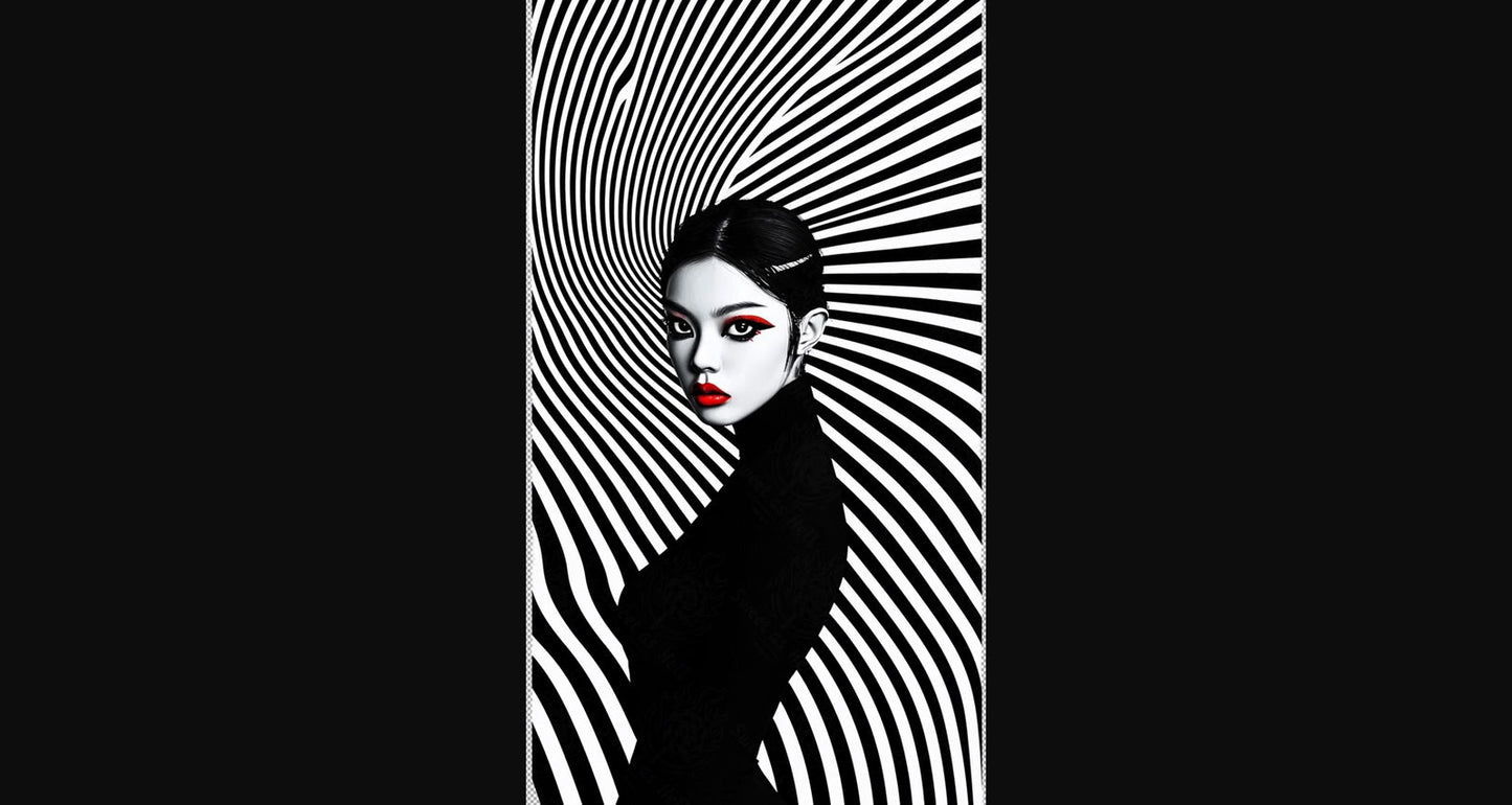 Black And White Fashion Photo of a Woman In The Center of a Optical Illusion That Creates Visual Depth and Movement With Transparent Background 0011 SN2778 - Sweet As Hell Designs