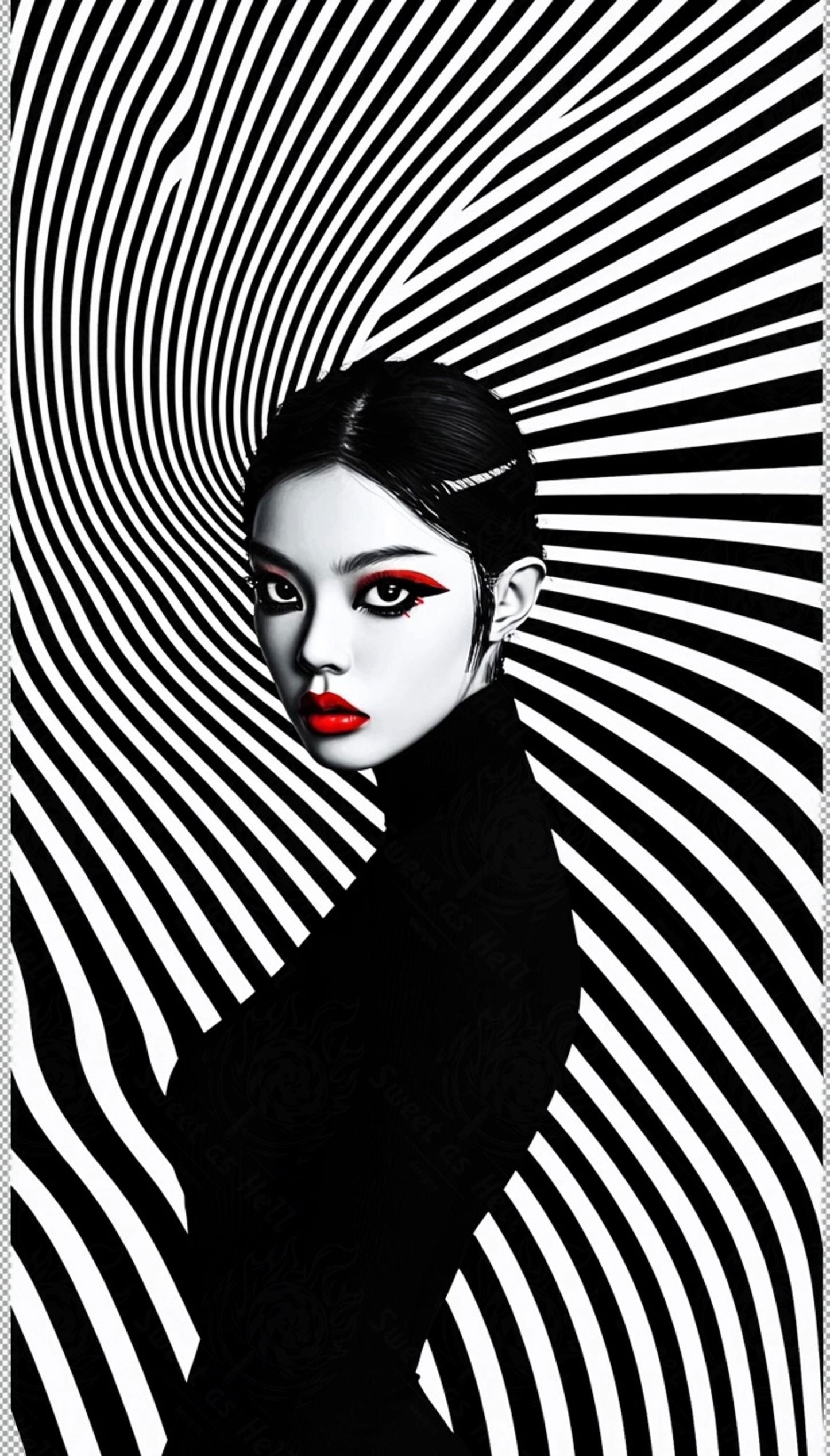 Black And White Fashion Photo of a Woman In The Center of a Optical Illusion That Creates Visual Depth and Movement With Transparent Background 0011 SN2778 - Sweet As Hell Designs