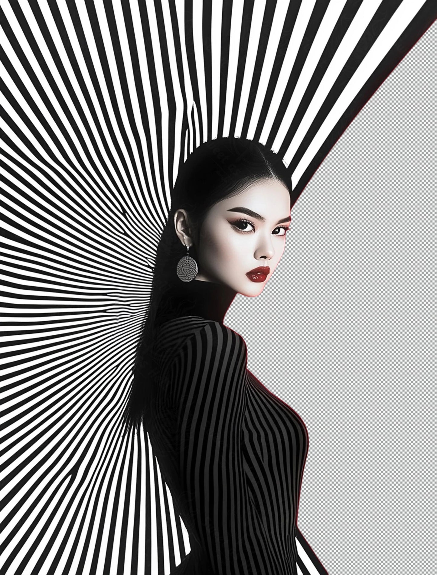 Black And White Fashion Photo of a Woman In The Center of a Optical Illusion That Creates Visual Depth and Movement With Transparent Background 0012 SN2780 - Sweet As Hell Designs